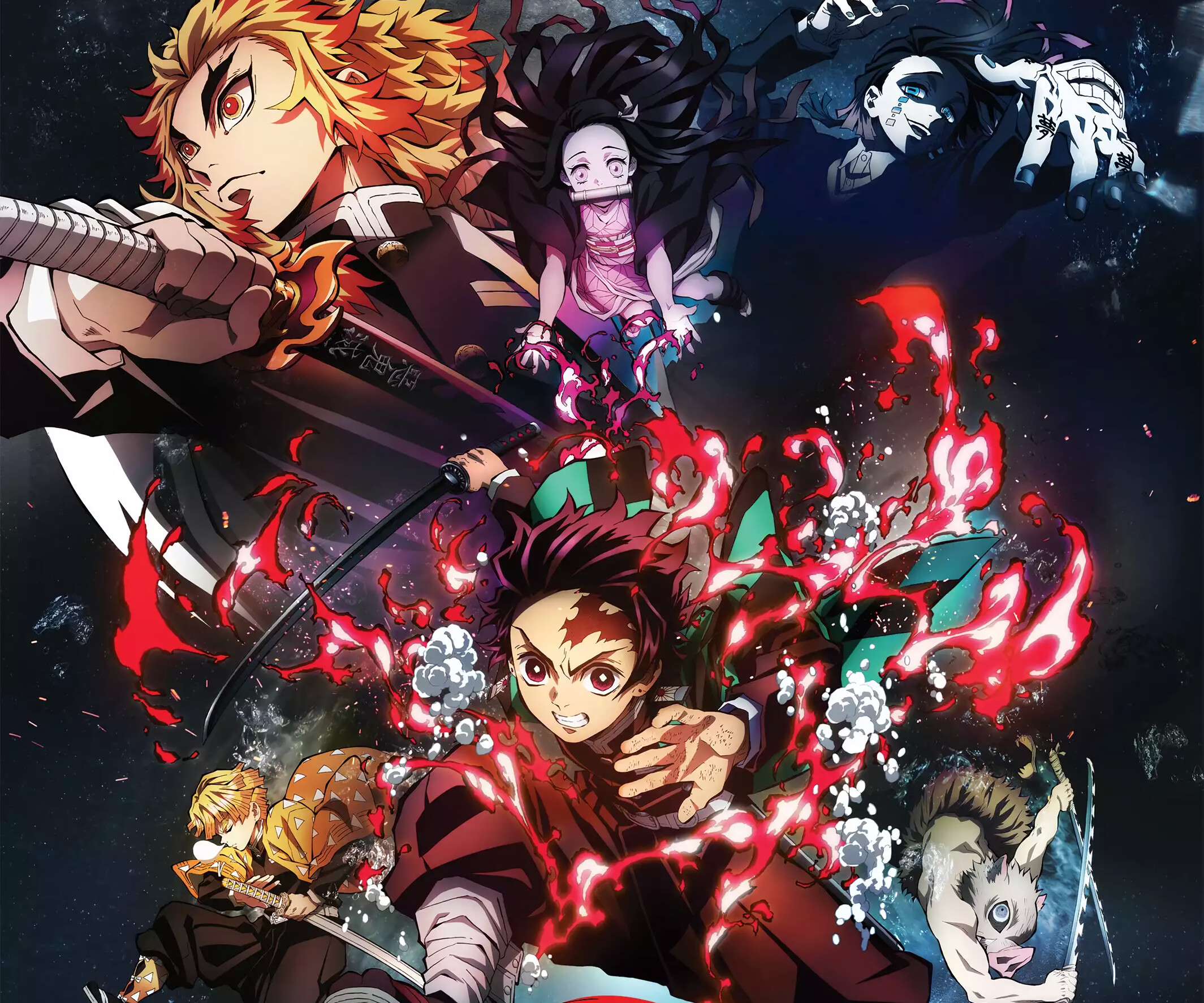 Demon Slayer: Mugen Train: Kyojuro Rengoku, Nezuko Kamado, Tanjiro Kamado, Zenitsu Agatsuma and Inosuke Hashibira. 2130x1780 HD Background.