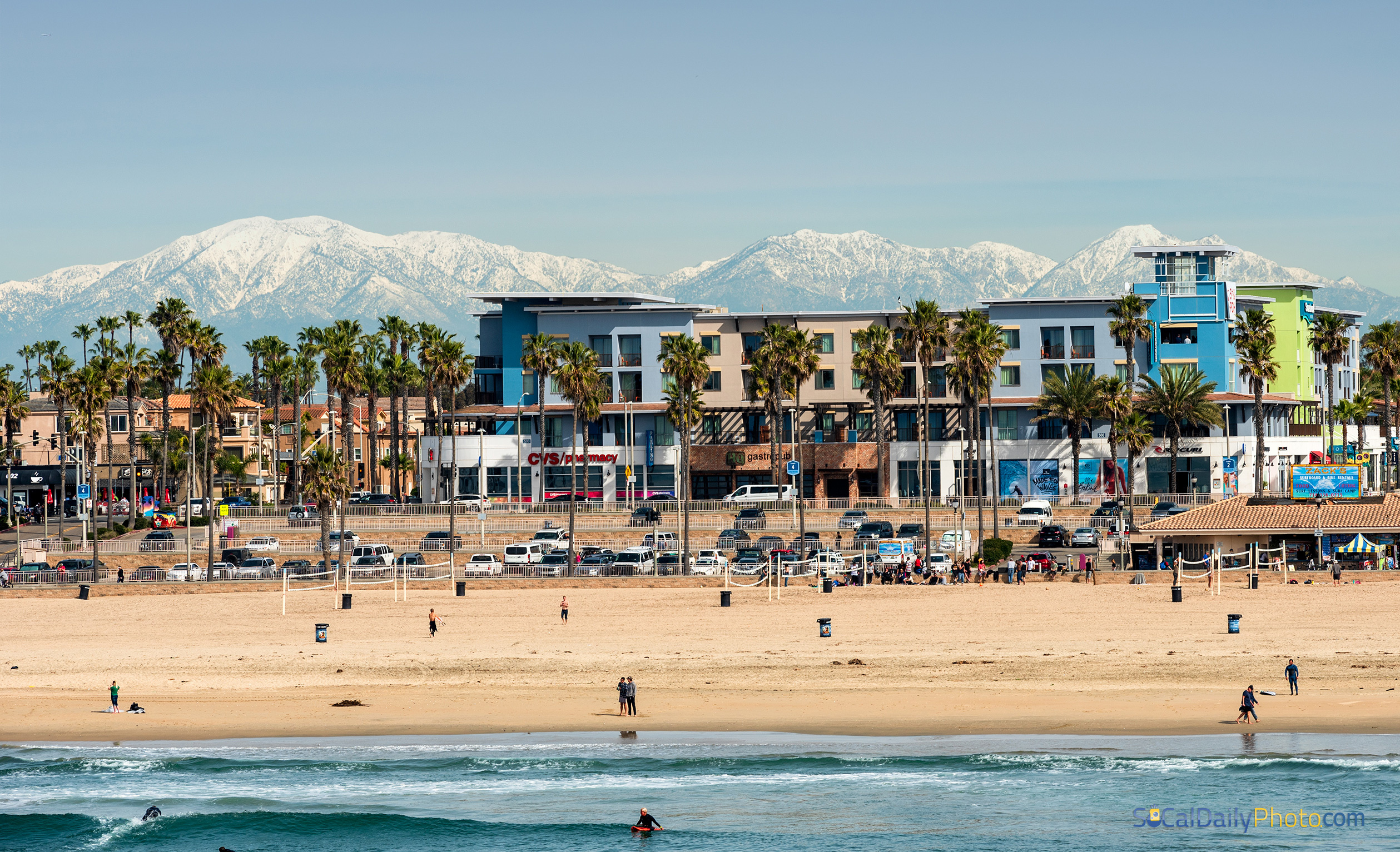 Huntington Beach, Snow covered mountains, Pier, Southern California, 2520x1540 HD Desktop