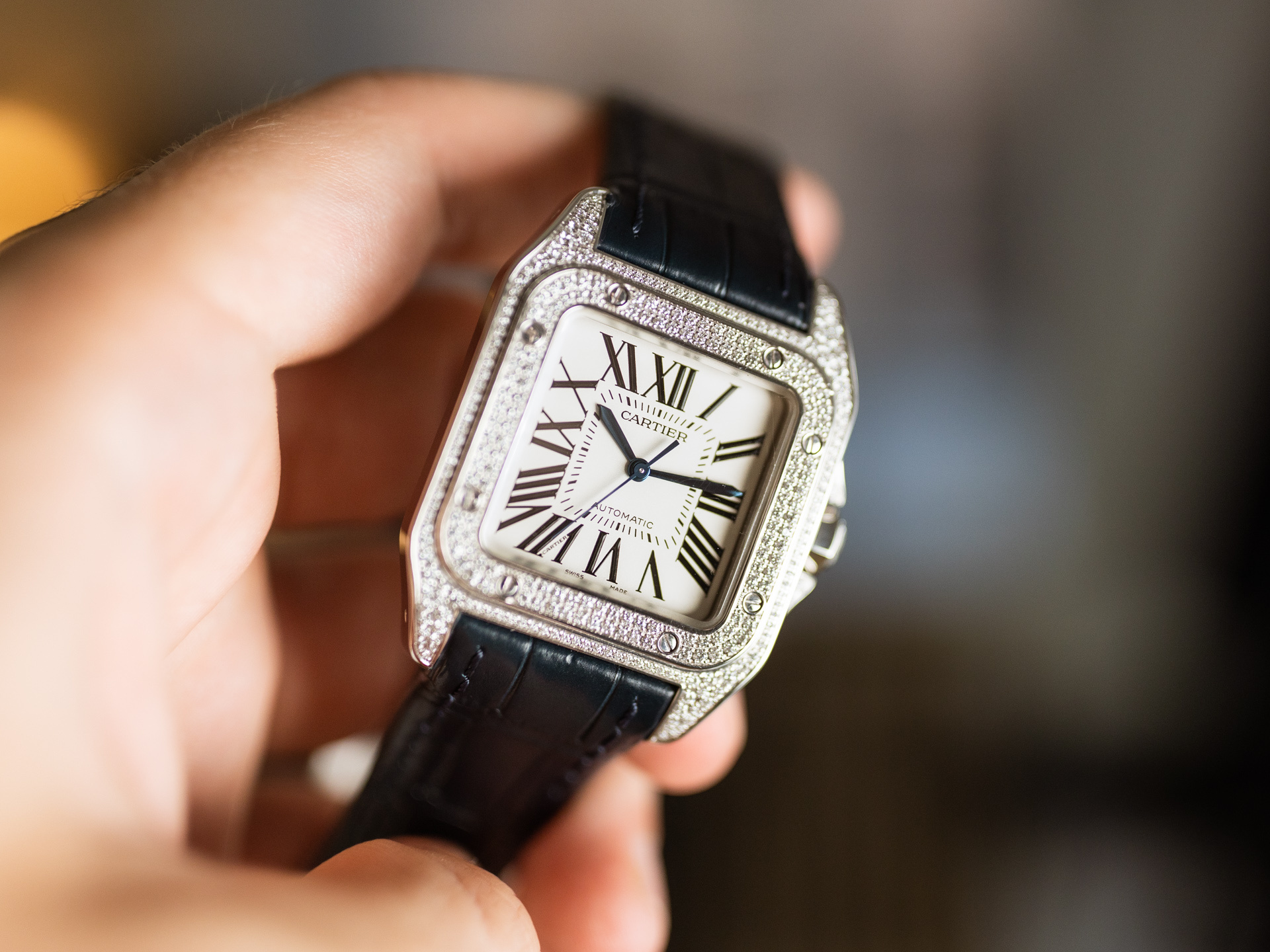 Cartier: Santos 100, 18k white gold deployment buckle, Luxury watch brand. 1920x1440 HD Background.