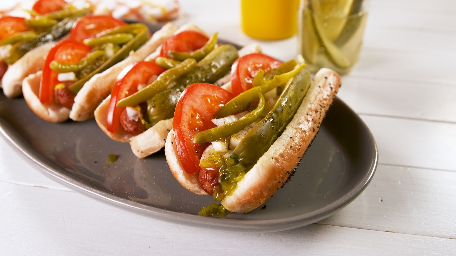 Chicago-style hot dog, Poppy seed bun, Tangy pickle spears, Sport peppers, 1920x1080 Full HD Desktop