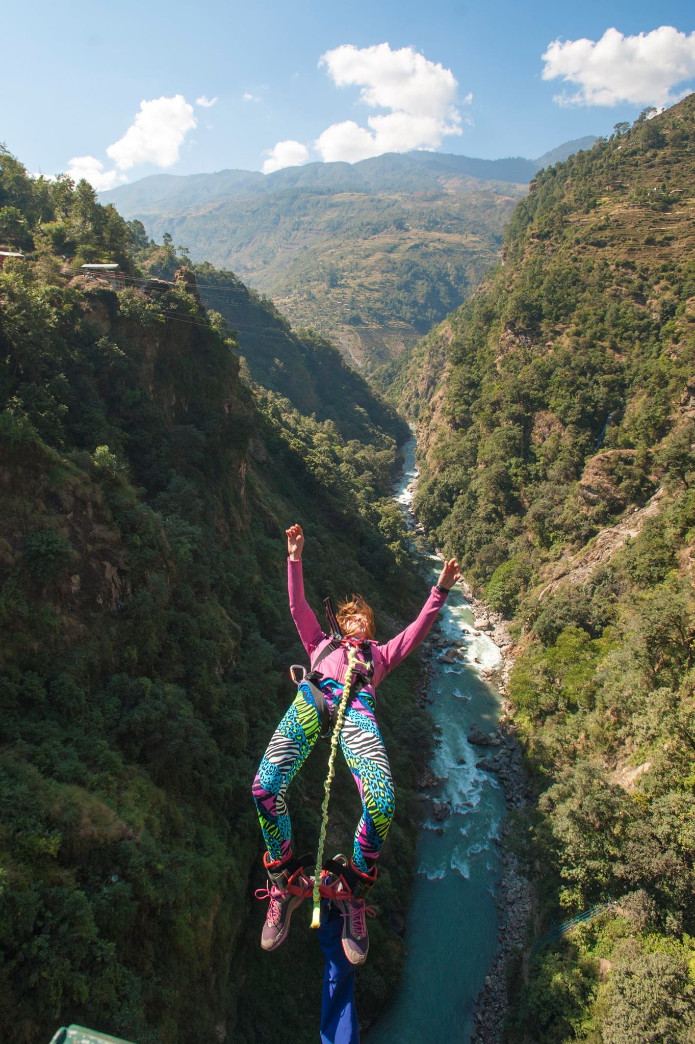 Bungee Jumping: Mountain launching pad, Intense river, Free-falling, Adventurous sport in Rishikesh, India. 1370x2050 HD Wallpaper.