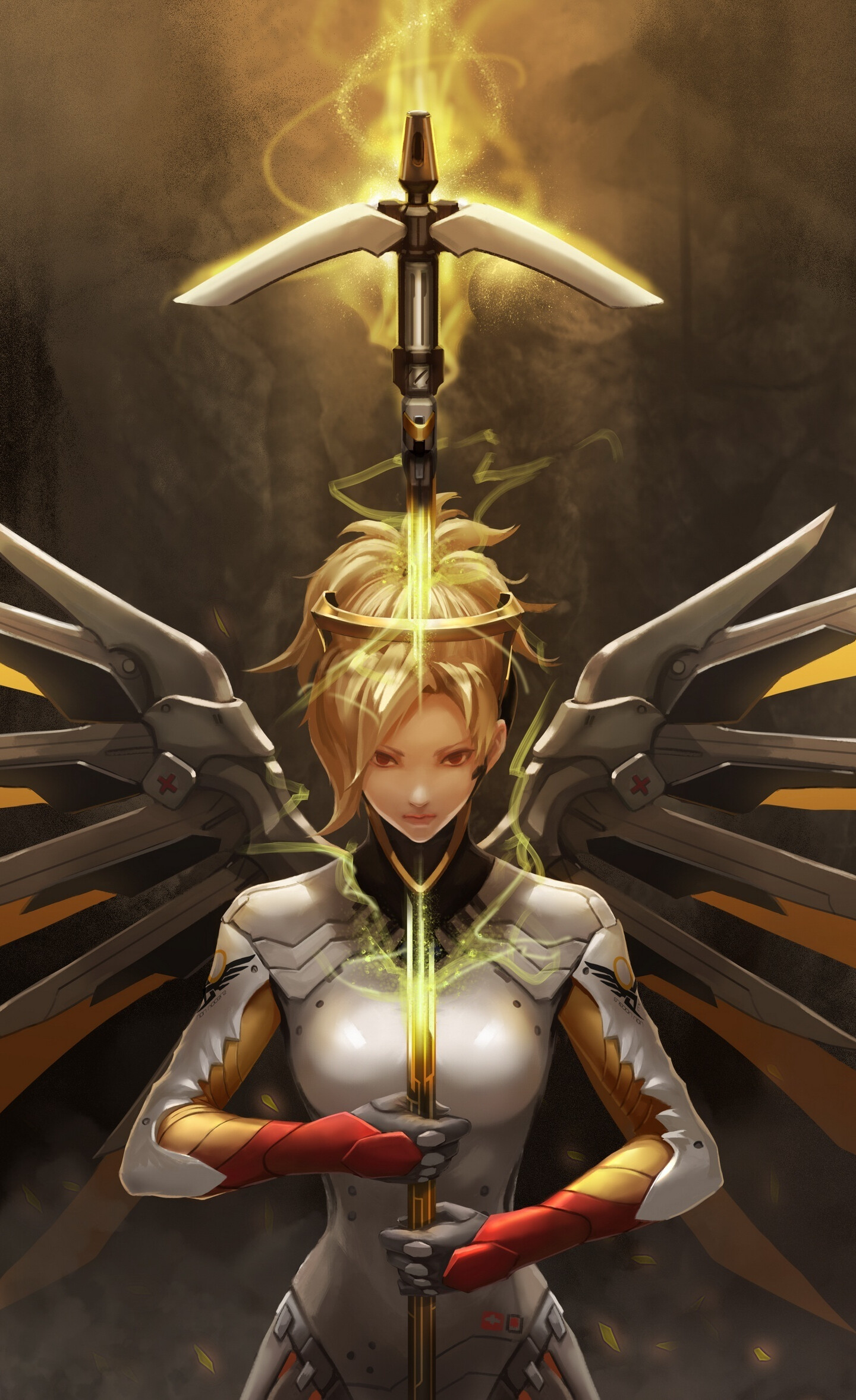 Overwatch: Robotic wings, Mercy, Angel, Artwork, Caduceus Staff. 1440x2360 HD Wallpaper.