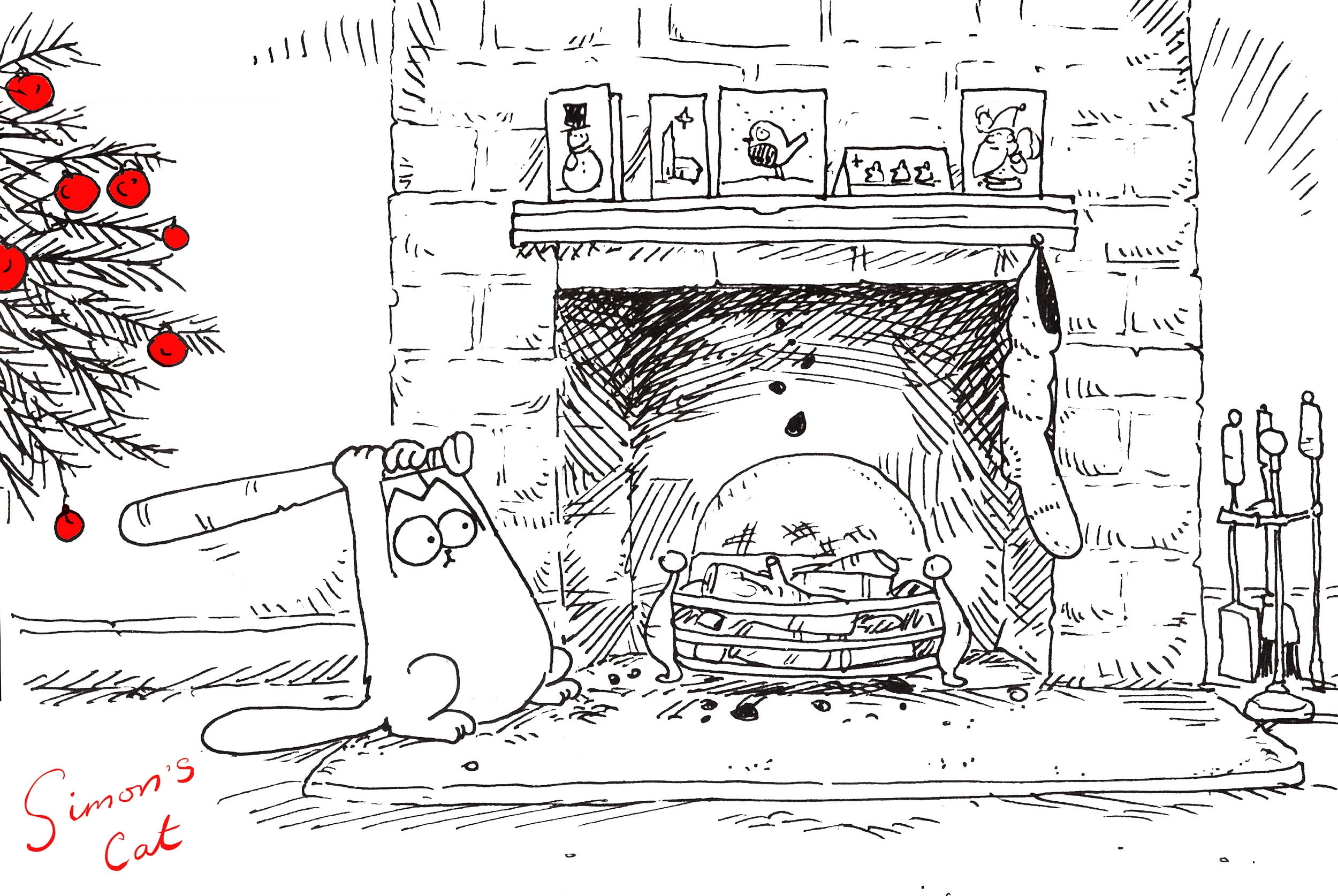 Simon's cat, Playful feline antics, Cozy fireplace, Whimsical illustrations, 2500x1680 HD Desktop