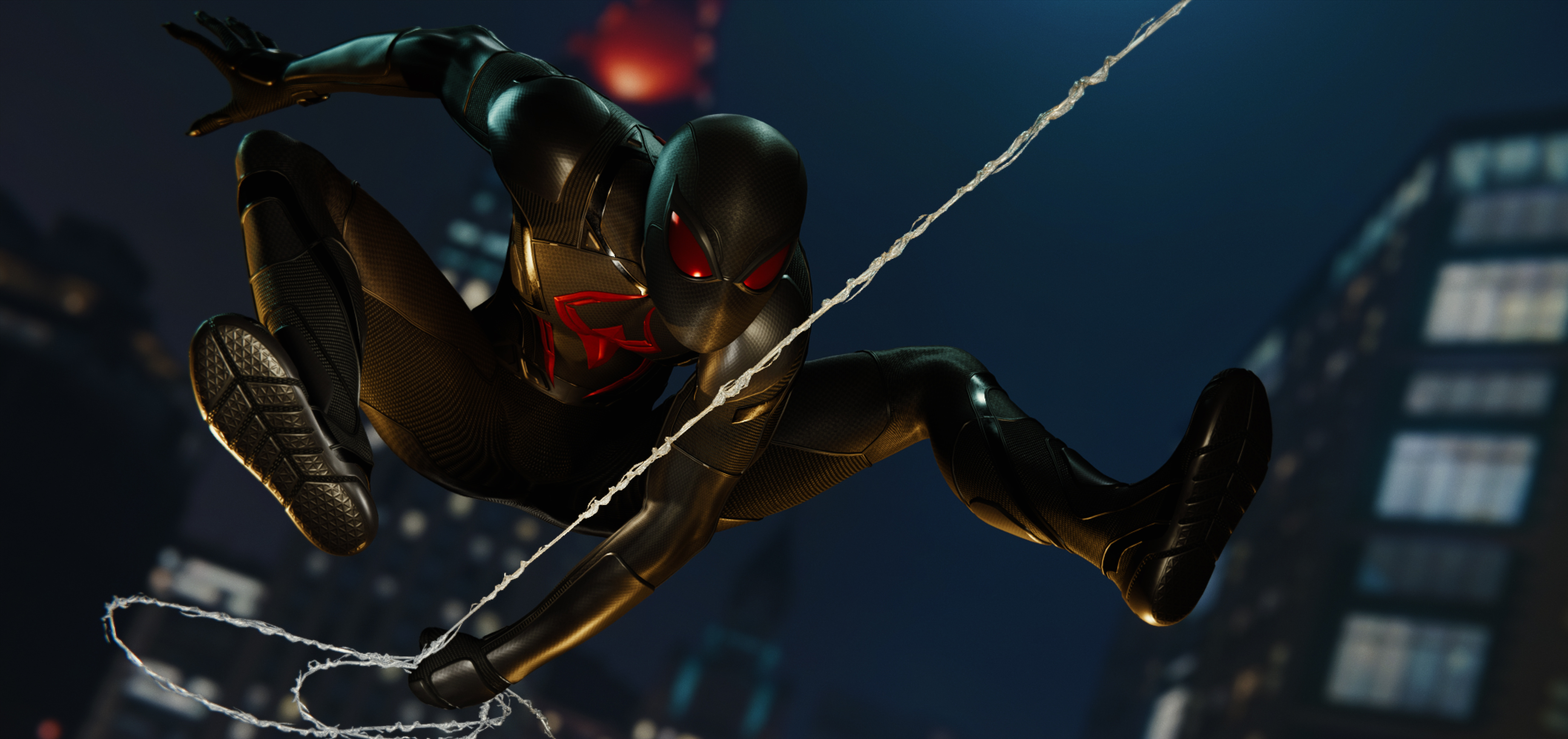 Spider-Man PS4, Dark suit, Gripping gameplay, Action-packed adventure, 3690x1740 Dual Screen Desktop
