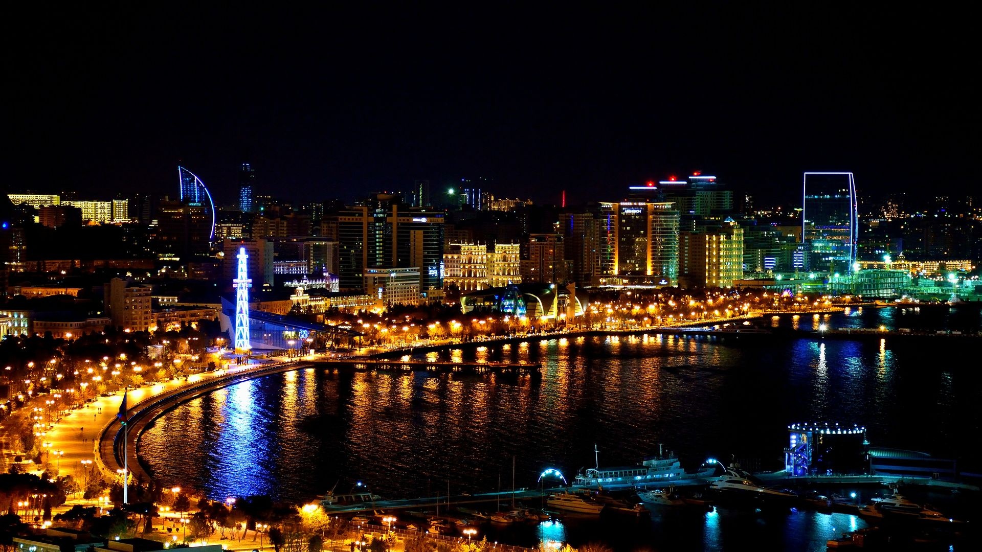 Azerbaijan: The largest country in the South Caucasus, City lights. 1920x1080 Full HD Wallpaper.