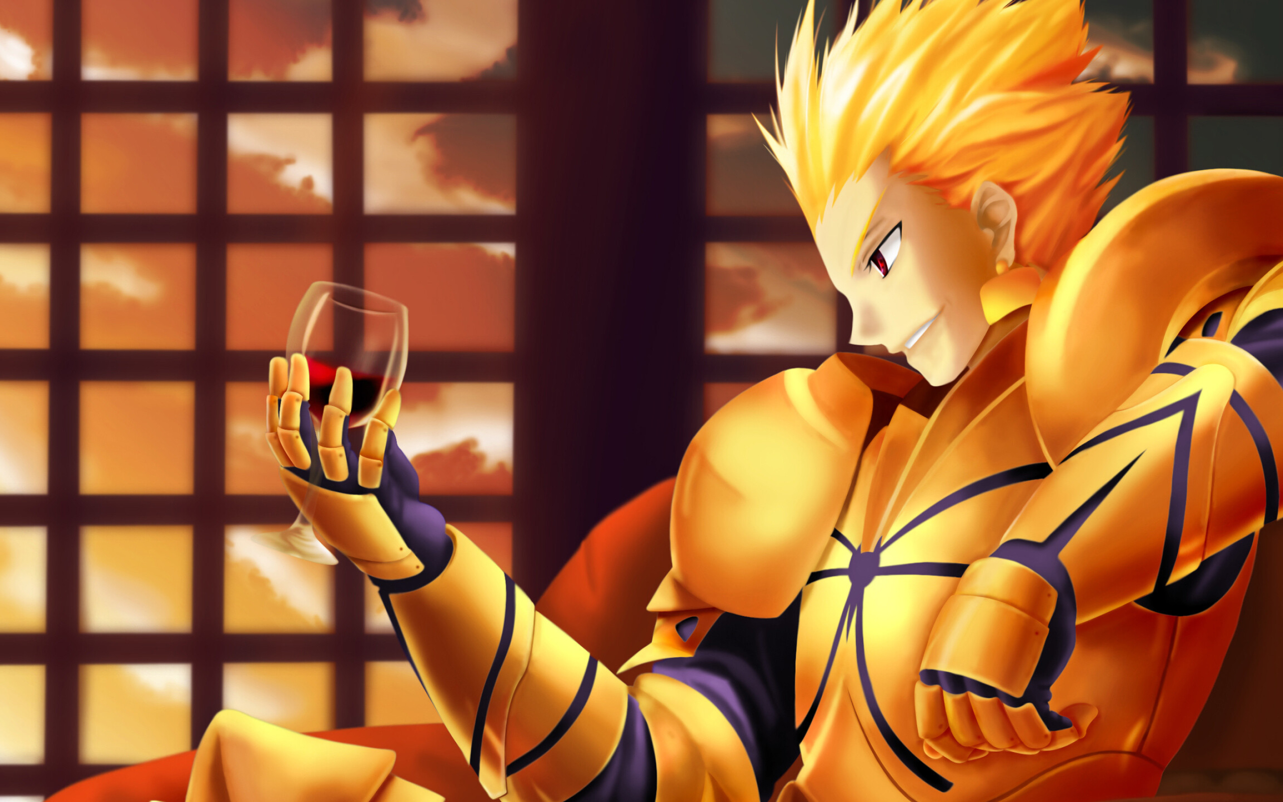 Gilgamesh (Fate/Zero): Eyes, crimson like blood, A mysterious radiance that makes people wither, Anime character. 2560x1600 HD Background.