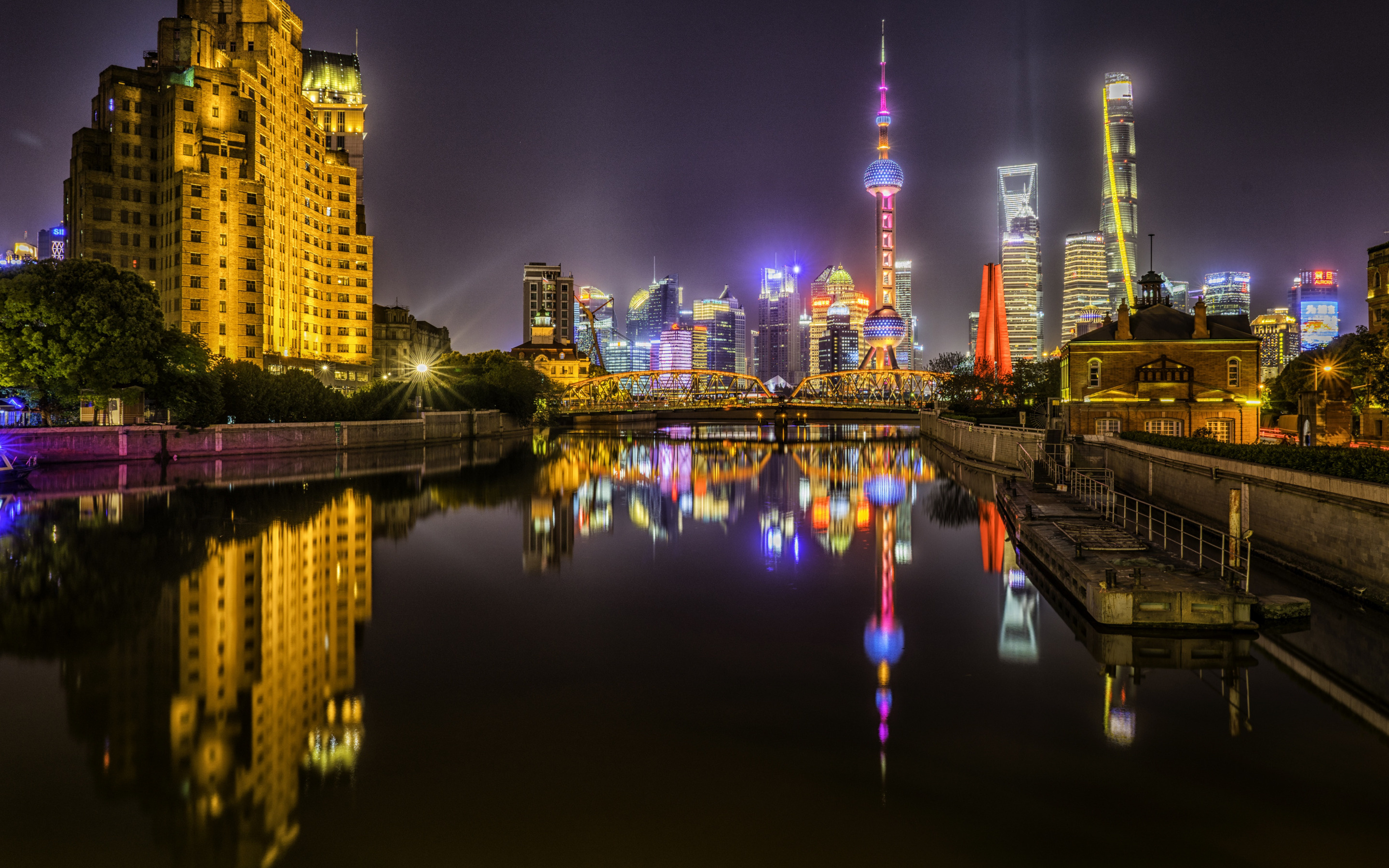 Oriental Pearl Tower, Shanghai cityscape, Modern skyscrapers, Nighttime beauty, 2880x1800 HD Desktop