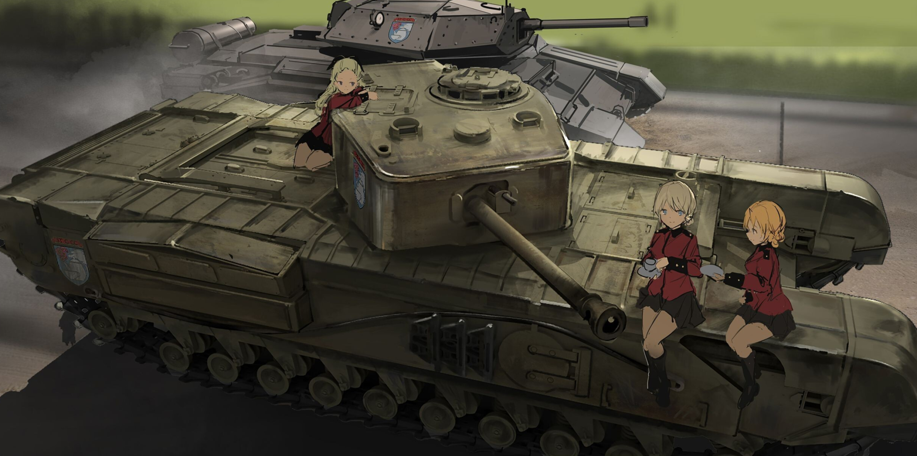 Girls und Panzer: St. Gloriana Girls High School, British World War Two tanks, Matilda, Churchill Mk.VII and the Crusader. 3000x1500 Dual Screen Wallpaper.