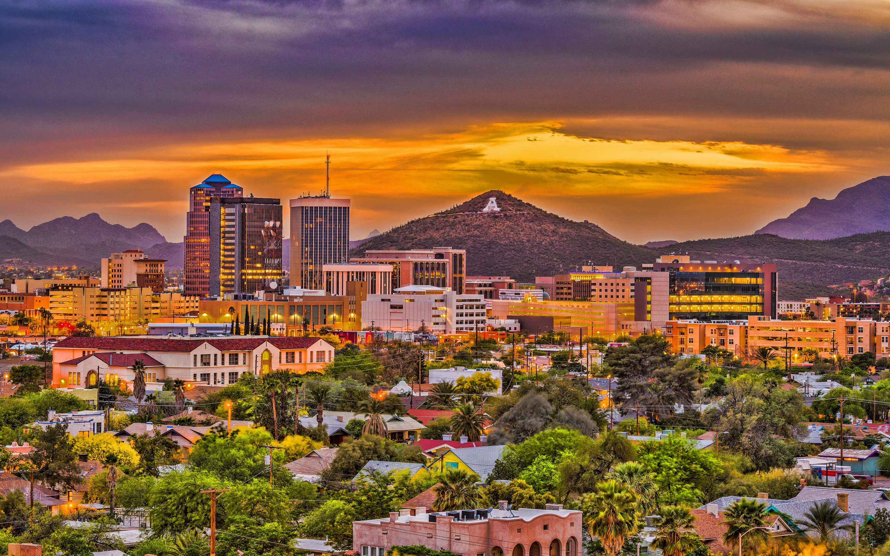 Tucson evening sunset, Tucson panorama, Arizona USA, 2880x1800 HD Desktop