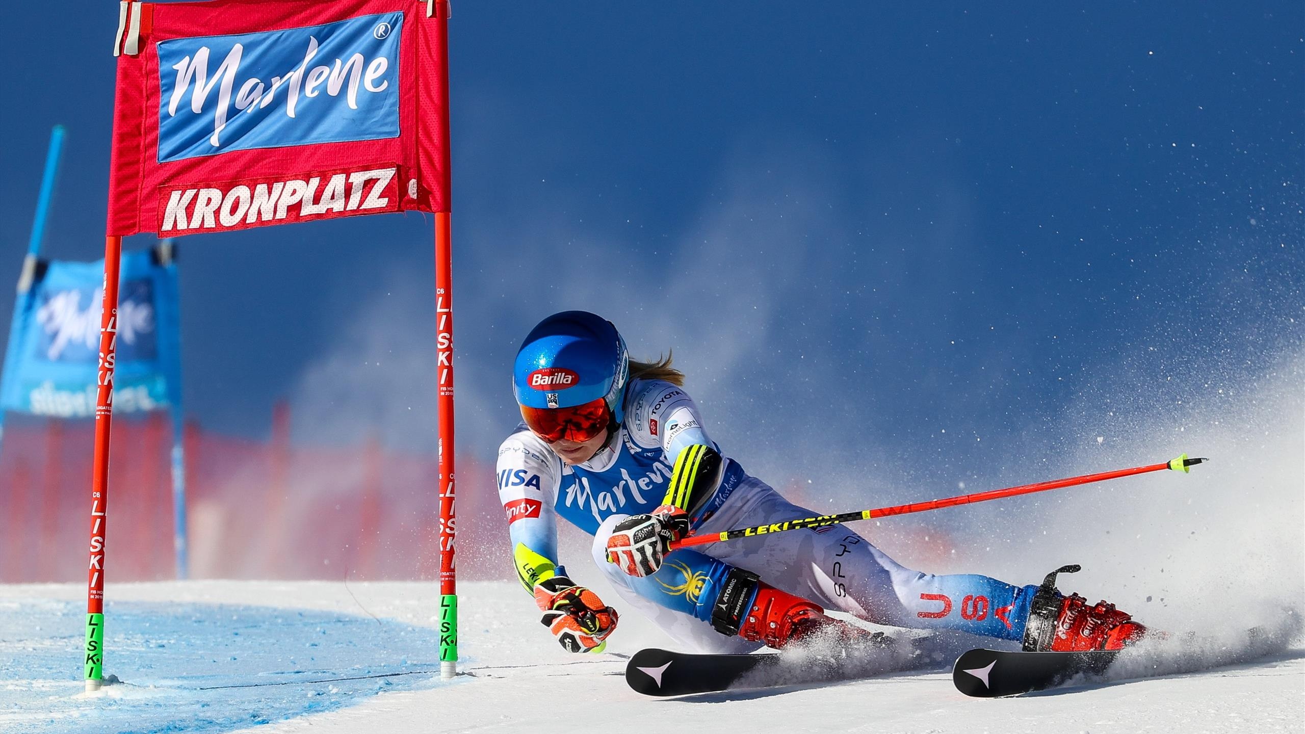 Slalom: Alpine skiing, A timed race on skis over a winding or zigzag course, Mikaela Shiffrin, USA. 2560x1440 HD Background.