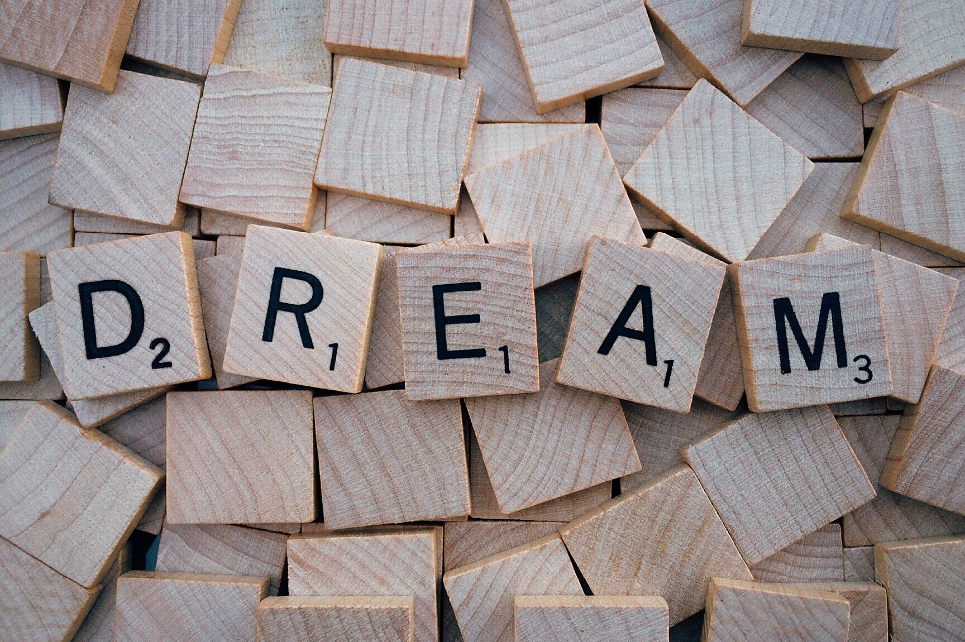 Scrabble: Dream, A word that is spelled out in the wooden game tiles, Wooden letters. 3140x2090 HD Wallpaper.
