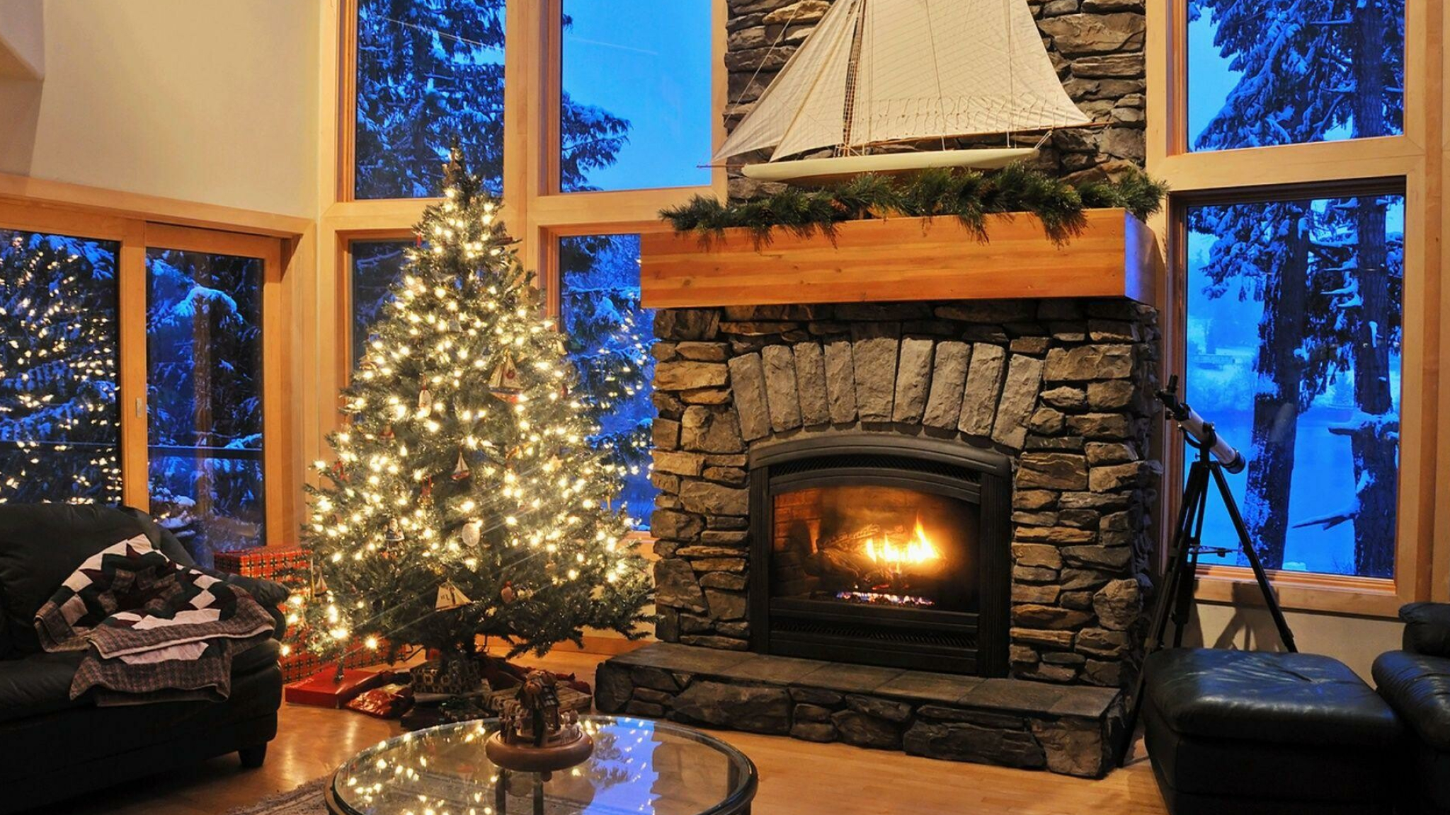 Christmas Fireplace: A place where we dream of peace and remember the months and years that have past, Holiday. 2050x1160 HD Background.