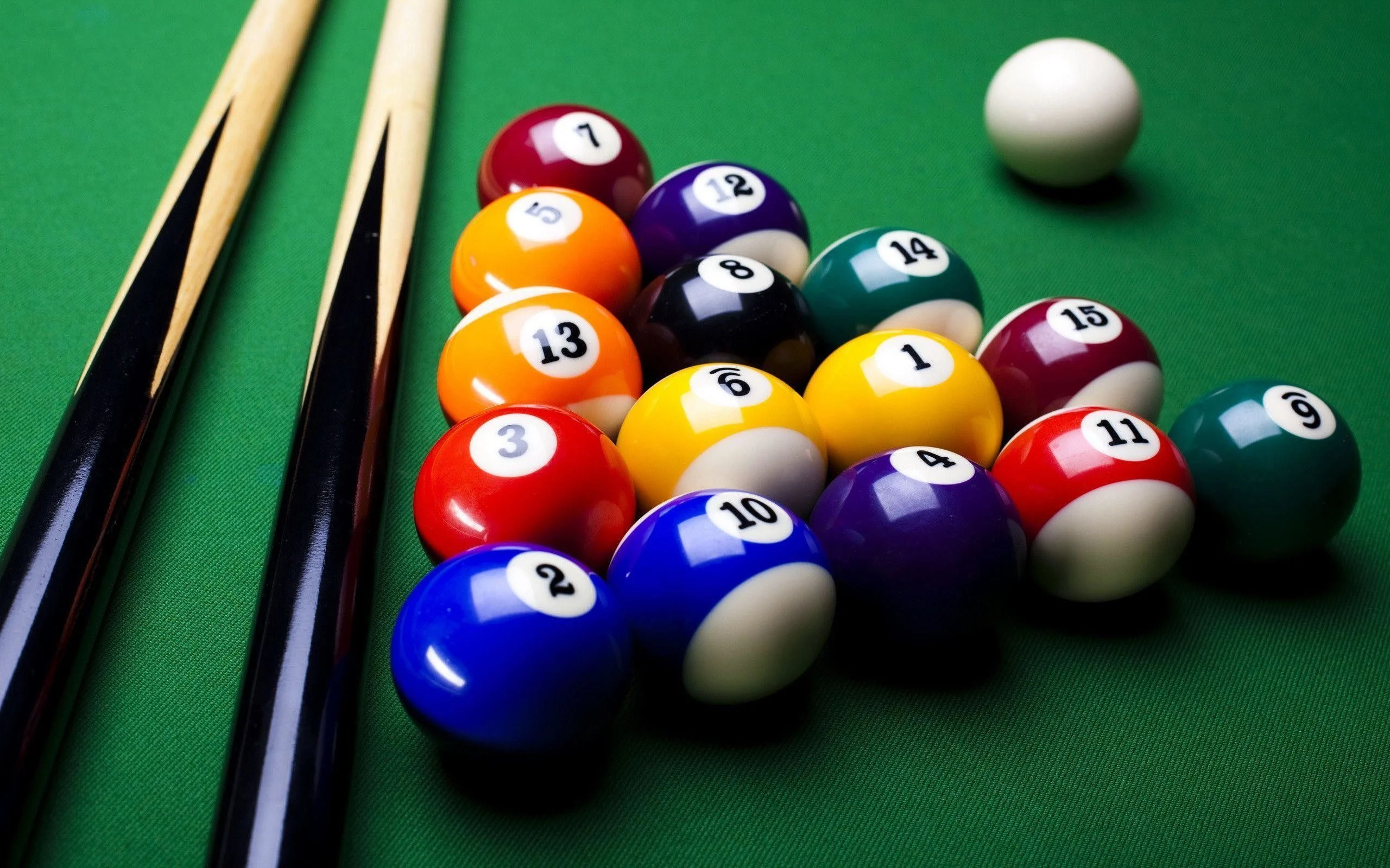 Billiards: A classic eight-ball style of a game with a cue stick, Last preparations before a break shot, Billiard cue. 2560x1600 HD Background.