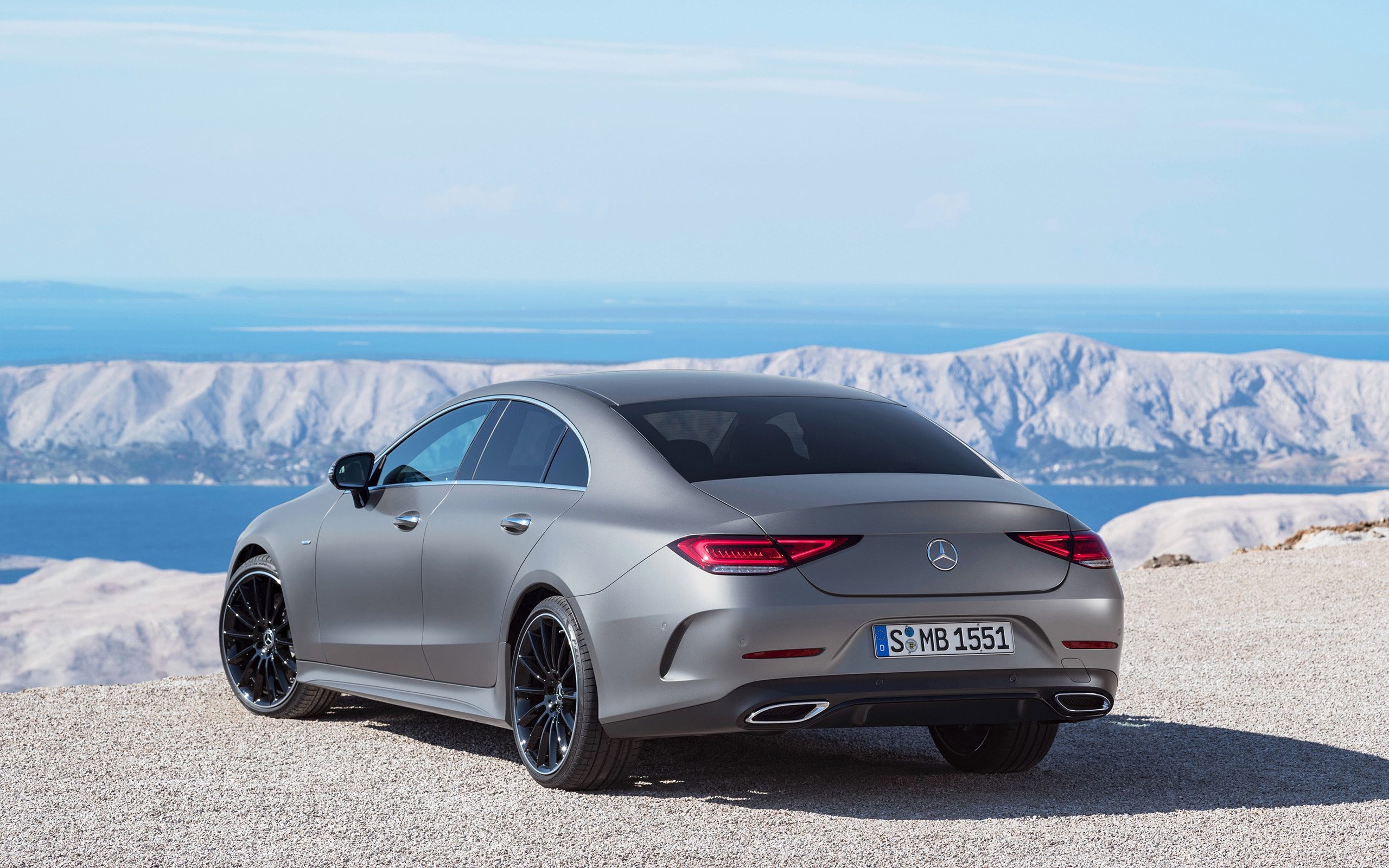 Mercedes-Benz CLS, Sporty rear view, Gray matte finish, High-quality images, 2560x1600 HD Desktop