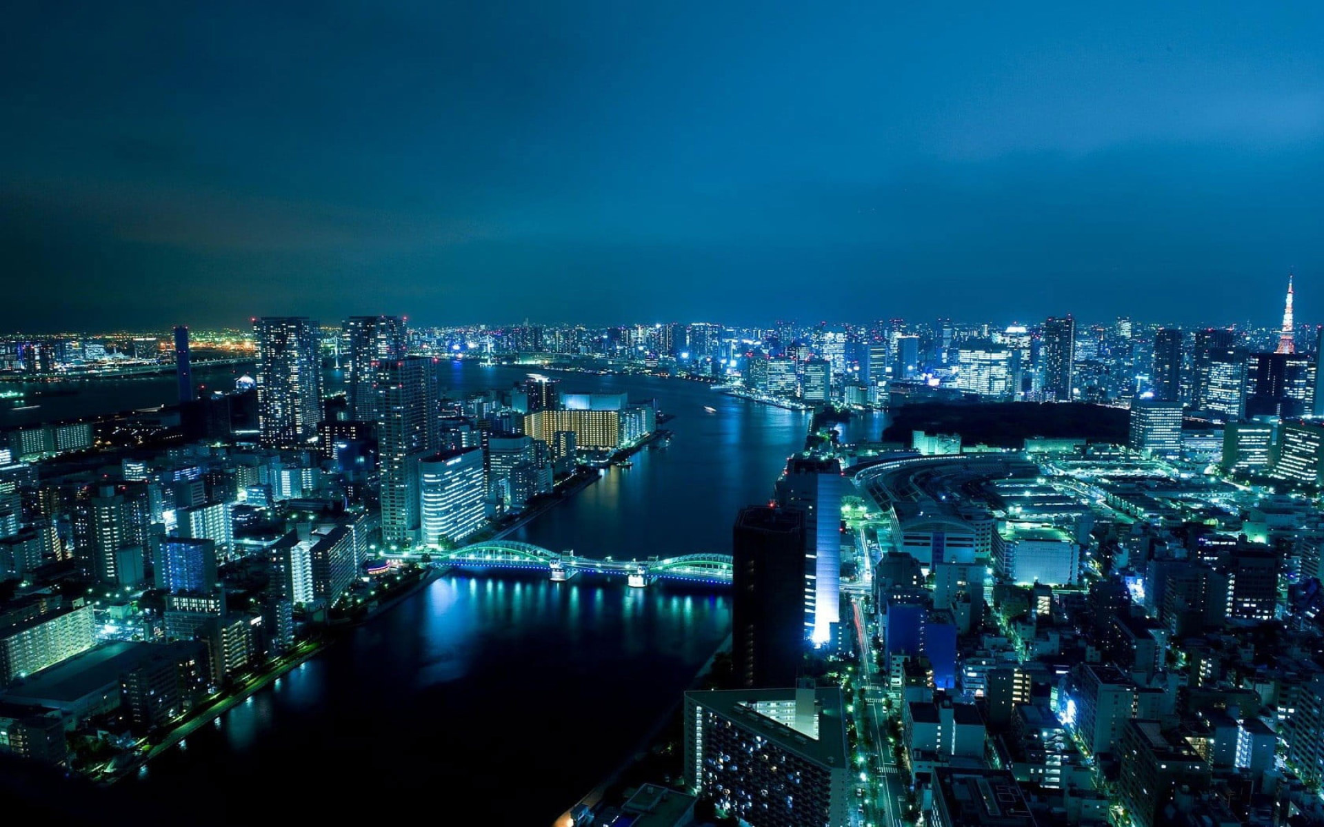 Cityscape: The Kachidoki Bridge over the Sumida river, The Tokyo Towers, Japan. 1920x1200 HD Background.