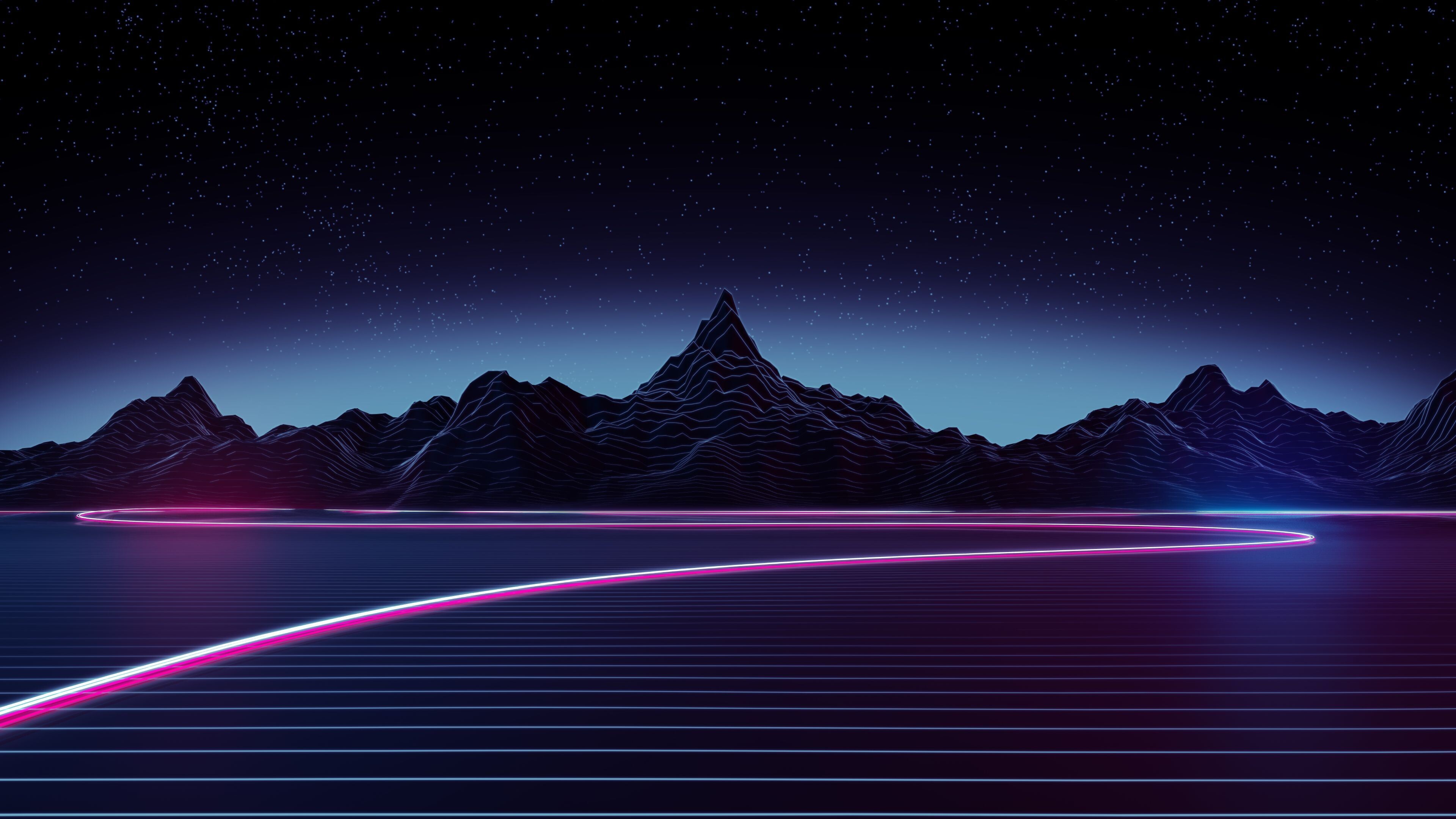 Glow in the Dark: Mountainous landforms, Neon glowing lines, Surreal landscape, Cosmic. 3840x2160 4K Background.