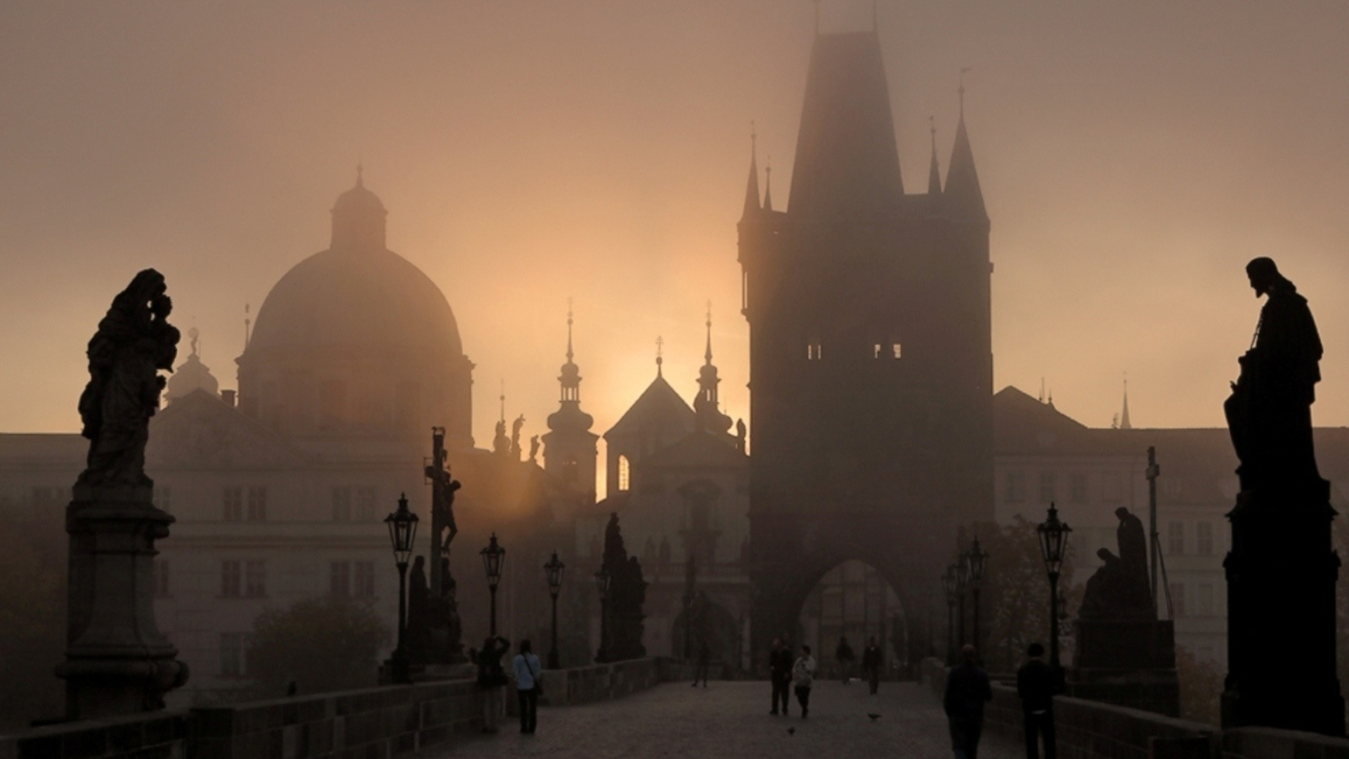 Prague: The Charles Bridge features 30 baroque statues, Municipality. 1920x1080 Full HD Background.