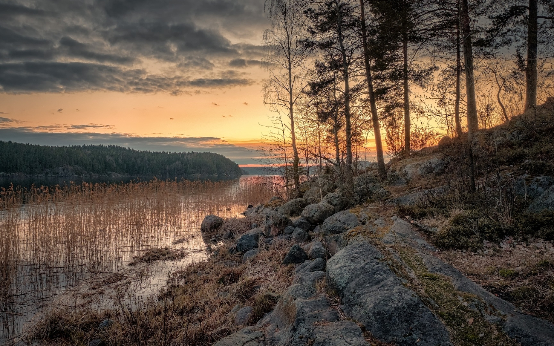 Ladoga Lake, Great sunsets rocks, Trees Karelia Russia, Clouds rushes, 1920x1200 HD Desktop