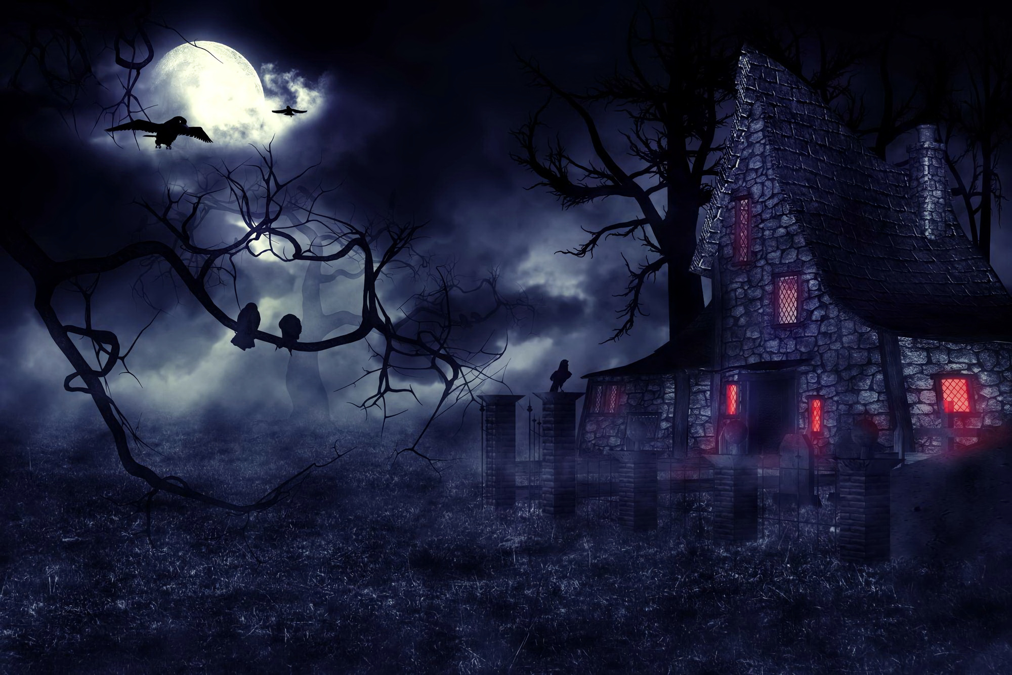 Creepy house, Foggy night, Full moon, Eerie ambiance, 2000x1340 HD Desktop