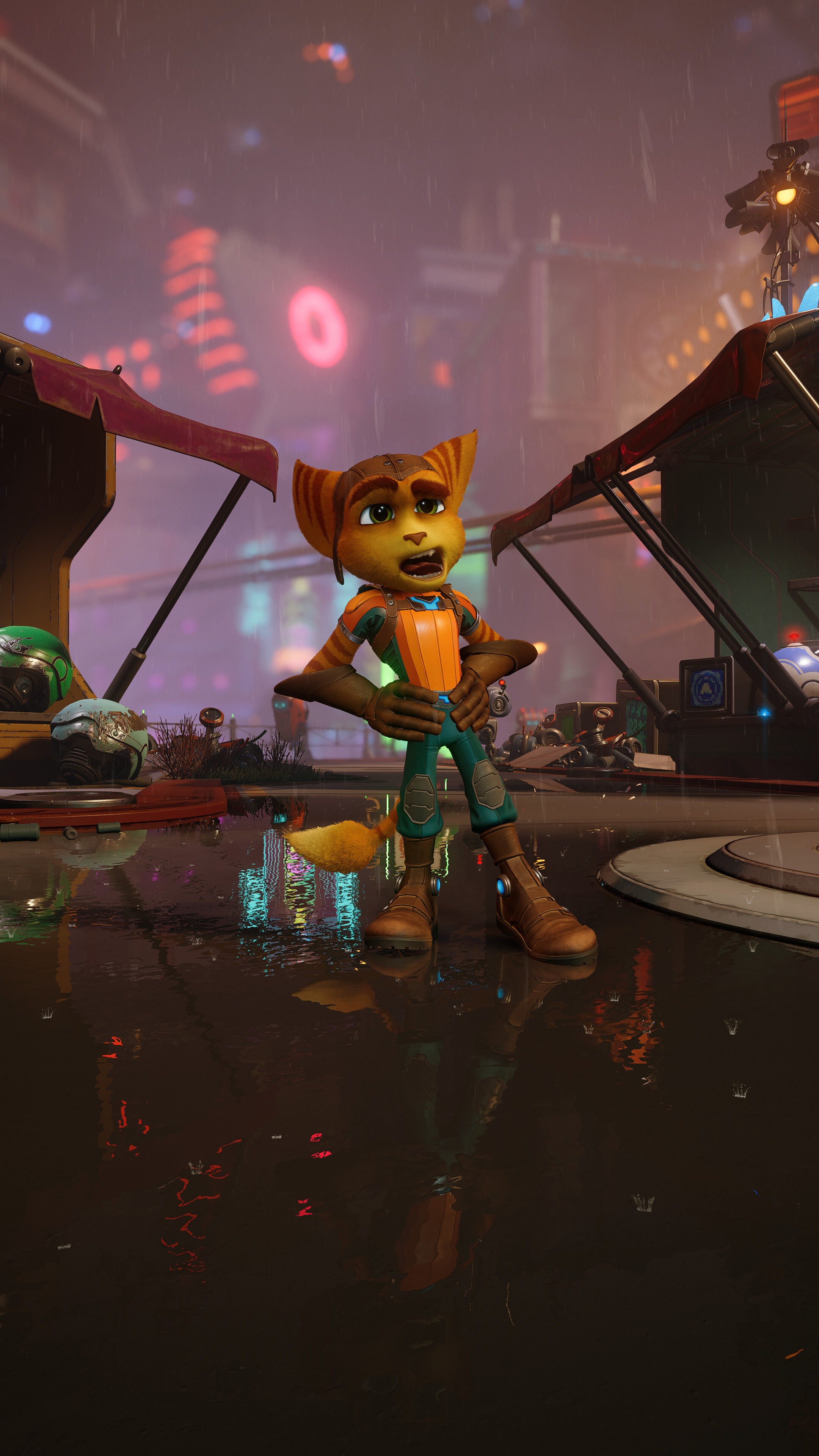 Ratchet and Clank: Rift Apart: A new mechanic dubbed the "Rift Tether", Pulls the player from one side of a portal to another. 2160x3840 4K Wallpaper.