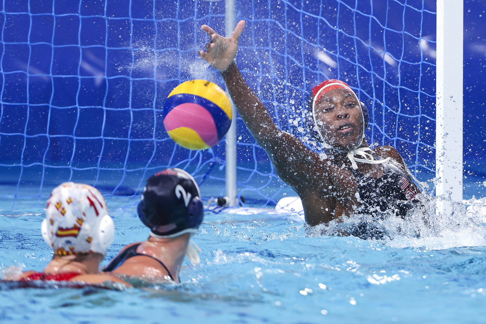 Water Polo: The USA vs. Spain, Women's division at the 2020 Tokyo Summer Olympic Games. 2050x1370 HD Background.