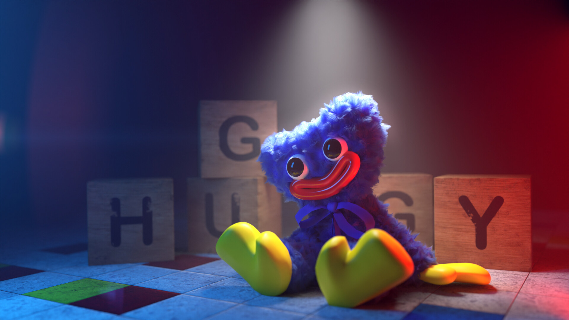 Huggy Wuggy: Looking a huggable, friendly mascot, A toy to be embraced by children, Yellow hands, Red lips. 1920x1080 Full HD Wallpaper.