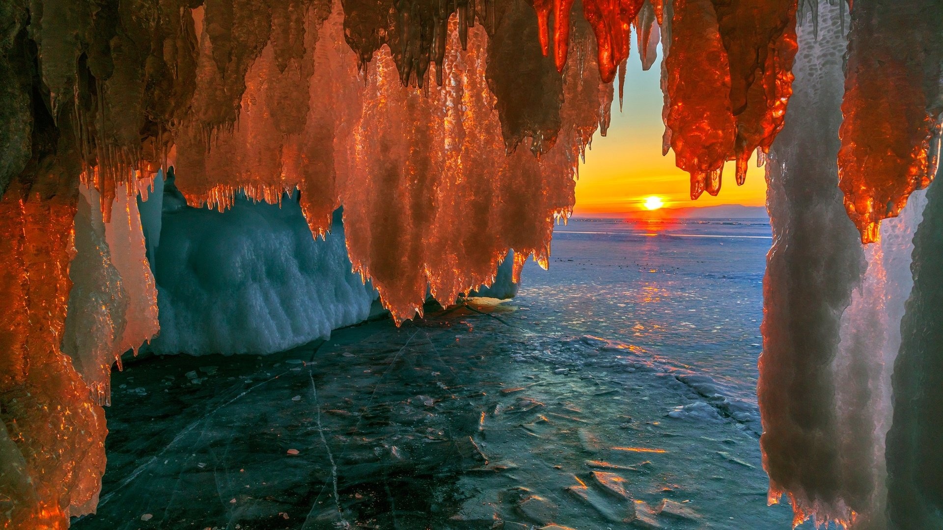 Lake sunset, Ice cave, Baikal serenity, Mesmerizing beauty, 1920x1080 Full HD Desktop