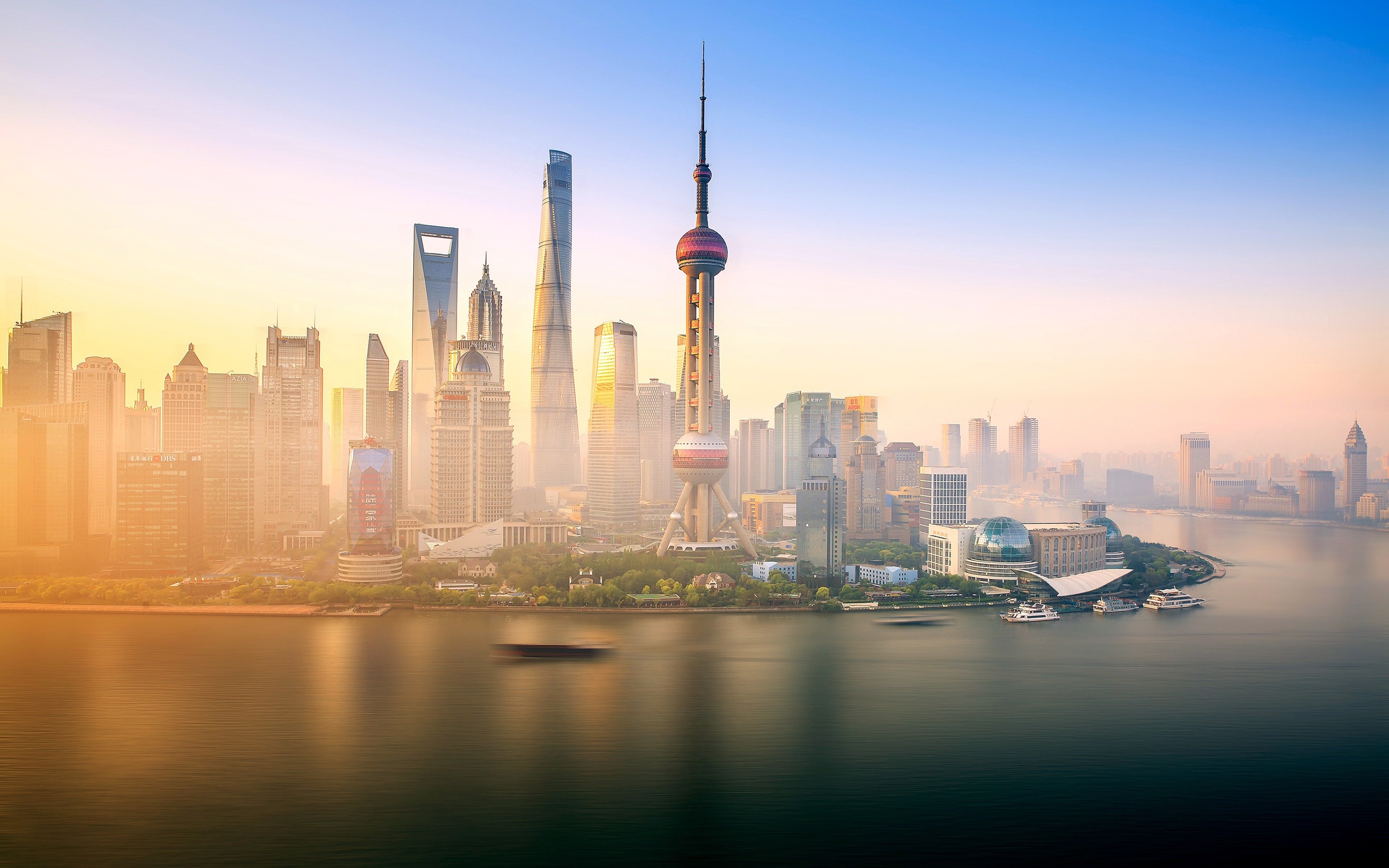 Oriental Pearl Tower, Shanghai city view, Huangpu River, Architectural marvel, 2880x1800 HD Desktop