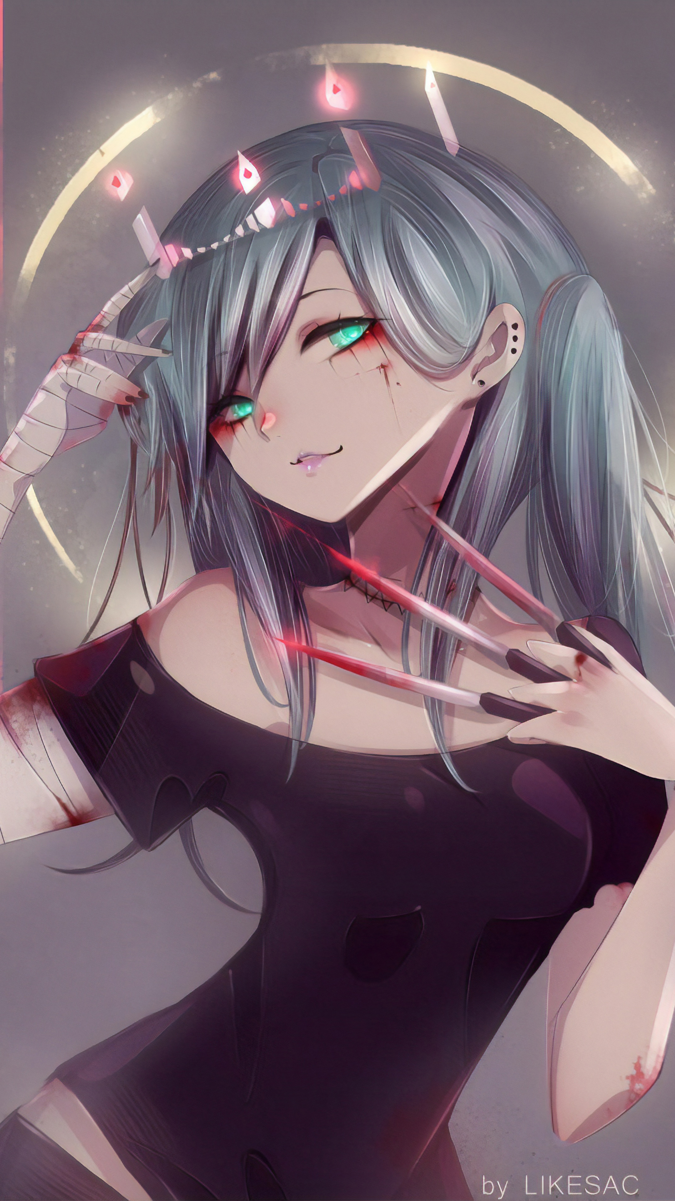 Gothic Anime: Creepy goth girl, Dark art, Blood on the knives, Tiara, Wounds, Manga. 2160x3840 4K Background.