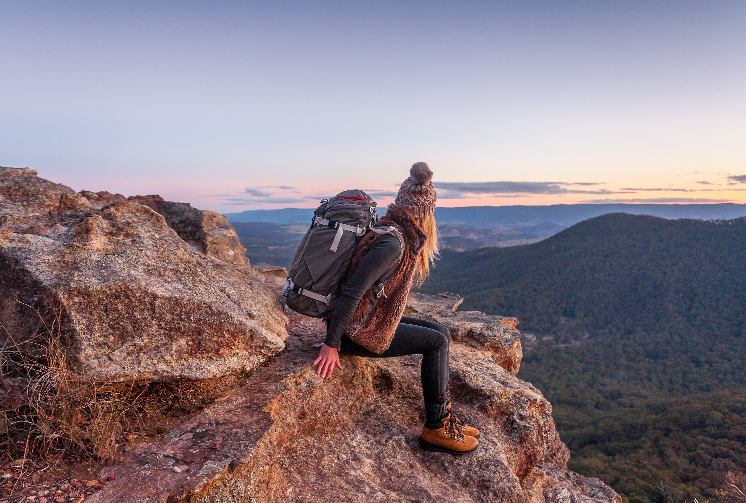 Backpacking: Having a rest at the mountain peak, Extended extreme journey in Australia. 2500x1690 HD Background.