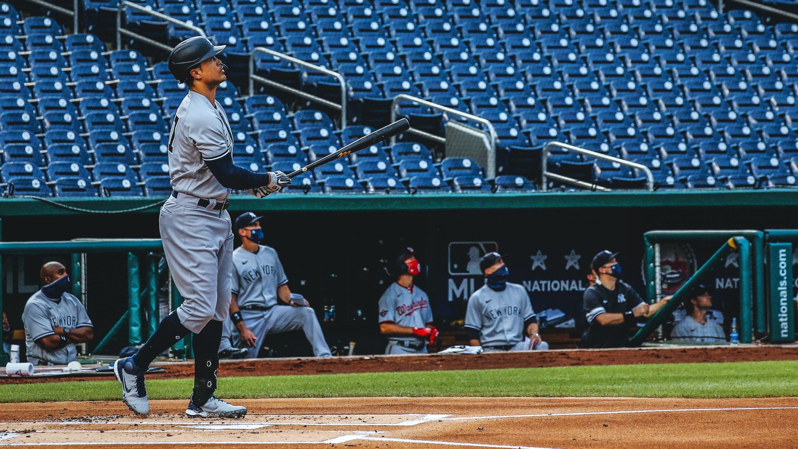 Giancarlo Stanton: One of the best Yankees hitters during the training session, Yankee Stadium (II), NY. 2560x1440 HD Background.