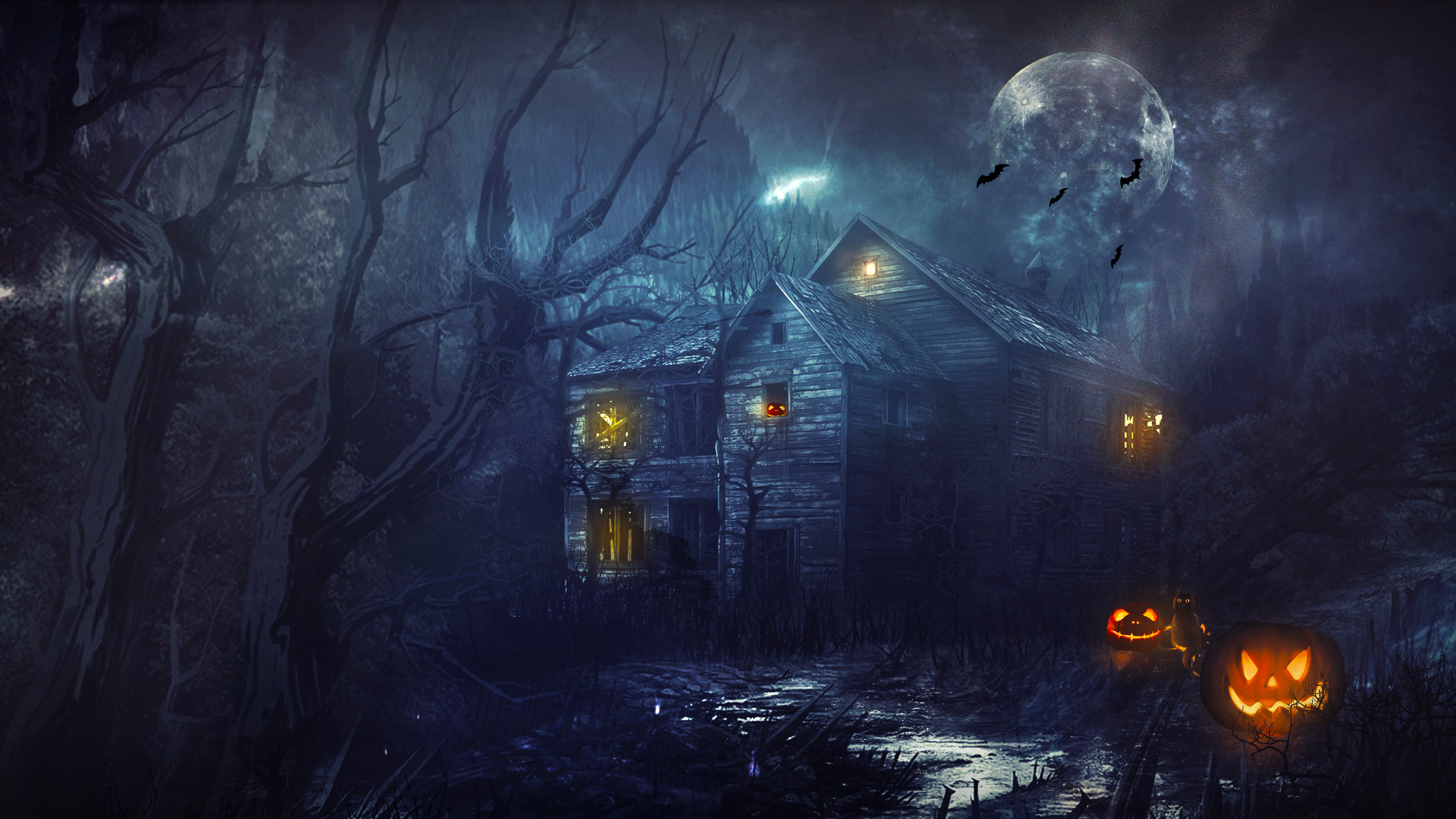Halloween Haunted House, Spooky atmosphere, Terrifying thrills, Eerie shadows, 2560x1440 HD Desktop