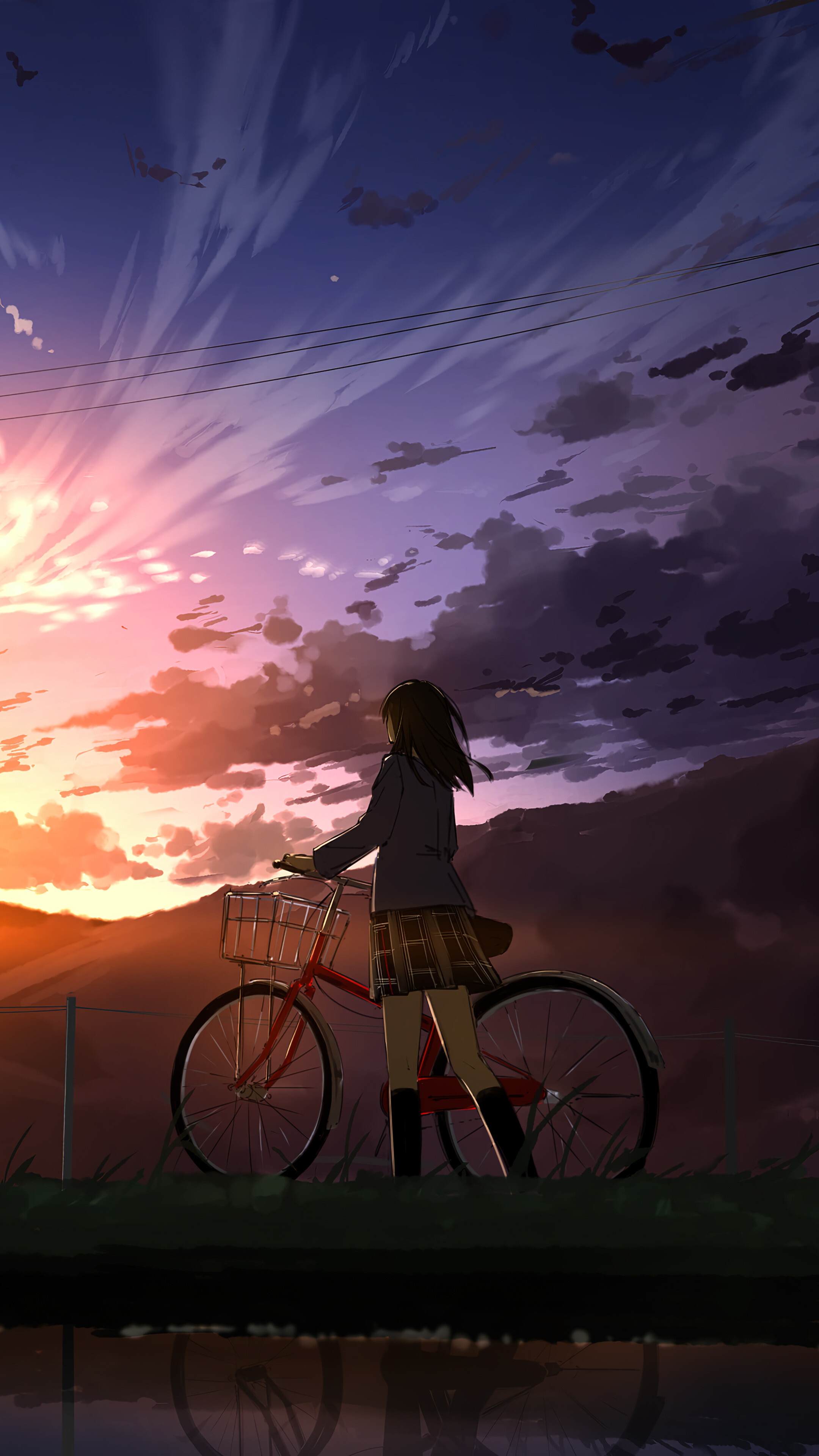Anime girl, Sunset sky, Serene scenery, Peaceful atmosphere, 2160x3840 4K Phone
