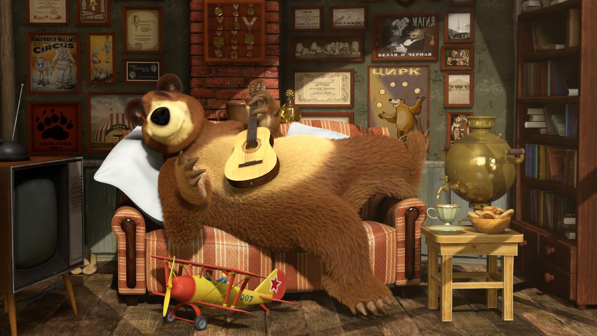 Masha and the Bear, Animation, Cartoon, Guitar, 1920x1080 Full HD Desktop
