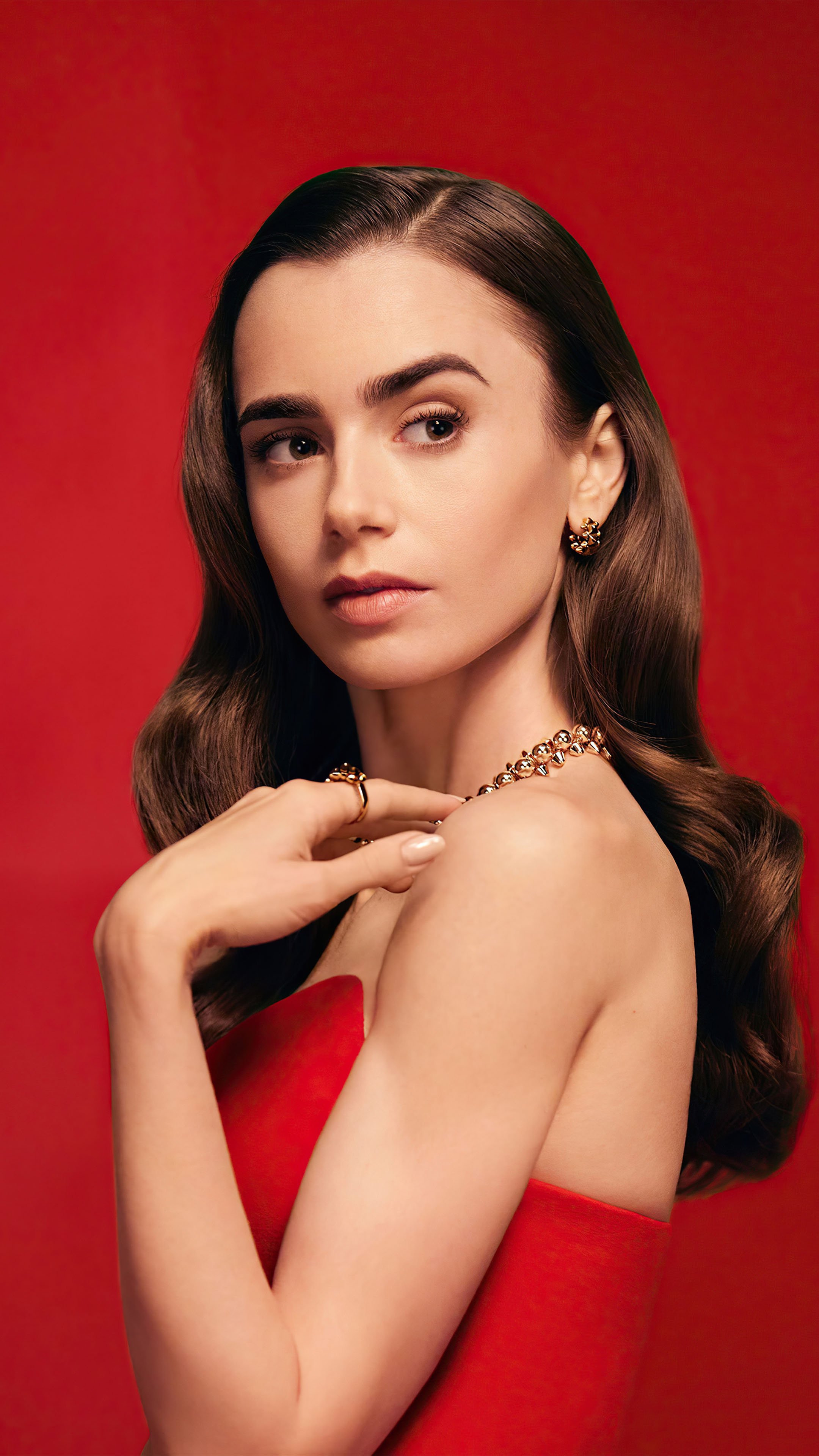 Lily Collins, Red Dress, Mobile Wallpaper, 2160x3840 4K Phone