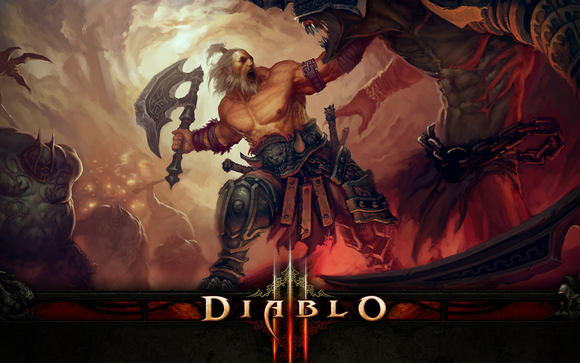 Diablo: Weapons, Shields, Armor, Helms, Rings, and Amulets are the basic types of equipment, Any character can use any piece of equipment so long as they meet its statistical requirements. 1920x1200 HD Background.