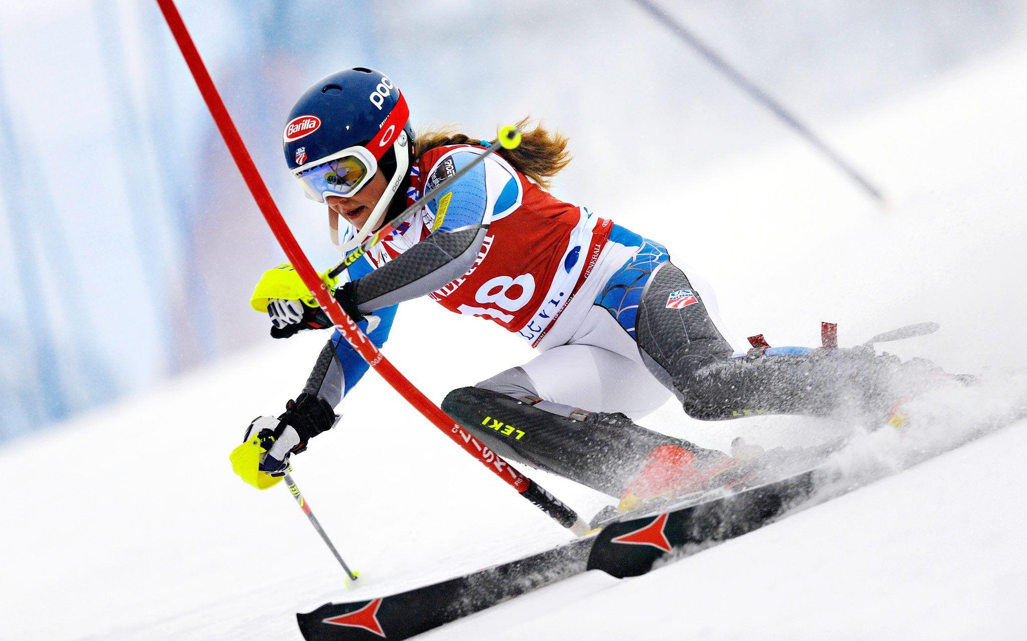 Alpine Skiing: Mikaela Shiffrin, Giant Slalom, Downhill in a wavy course, Extreme winter sports. 2050x1280 HD Background.