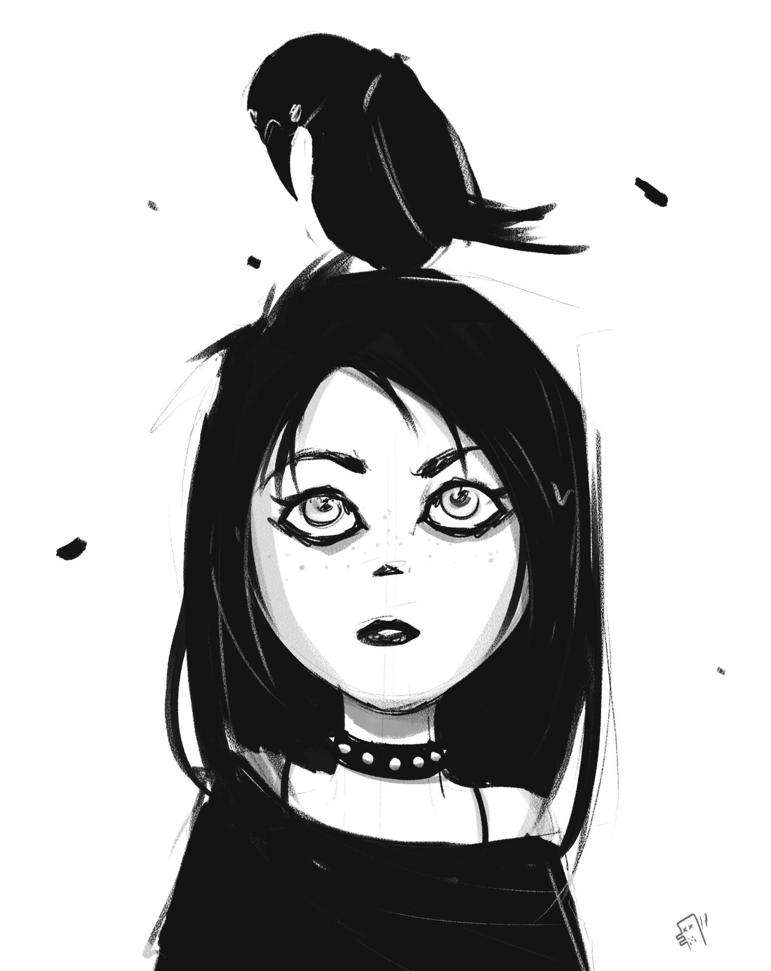 Goth Girl: Sketch painting, Monochrome, Macabre style, A punk-derived subculture. 1550x1950 HD Wallpaper.