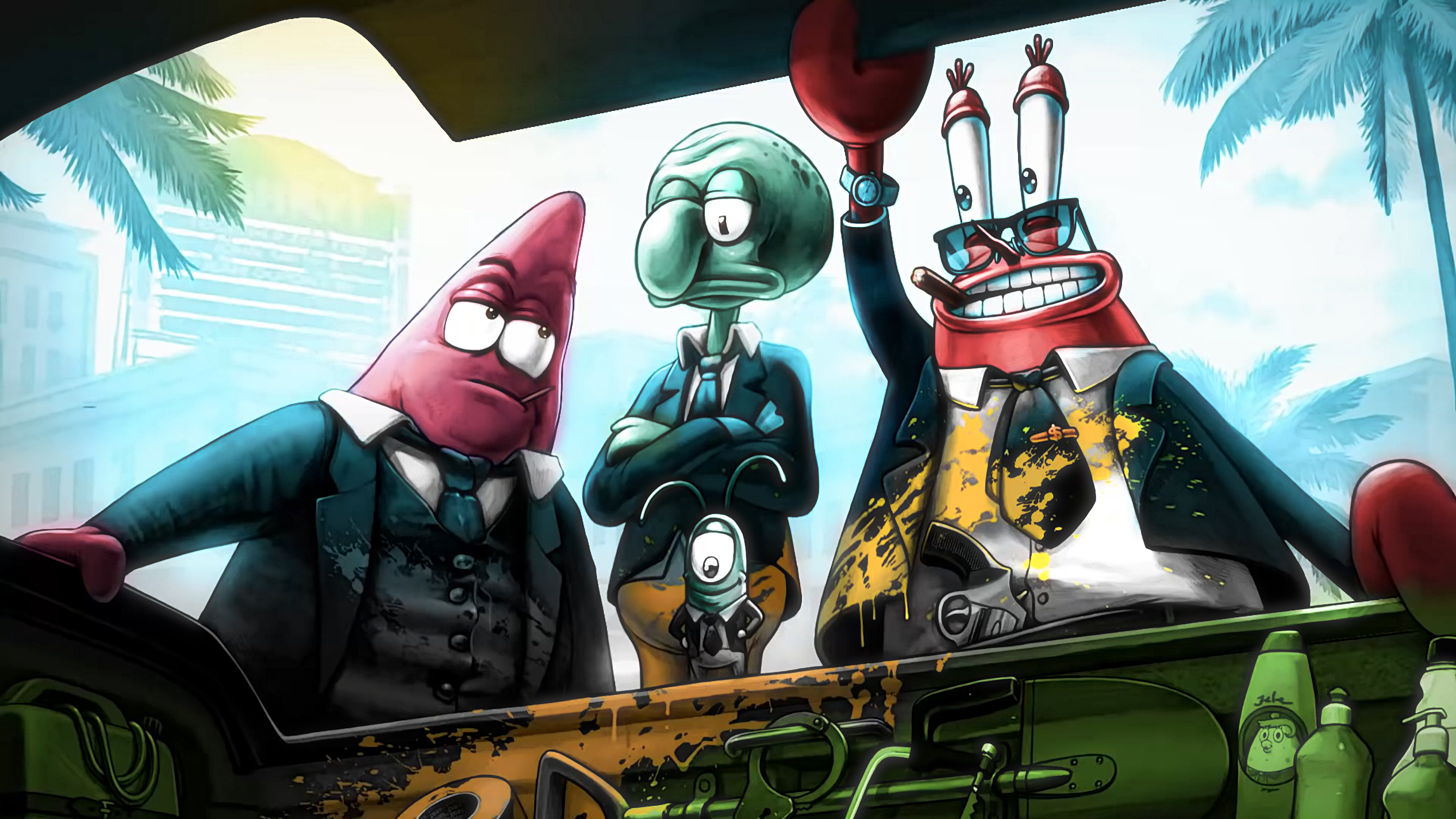 SpongeBob, Patrick, Squidward, and Mr. Krabs, Wallpaper resolution, Cartoon characters, 2540x1430 HD Desktop