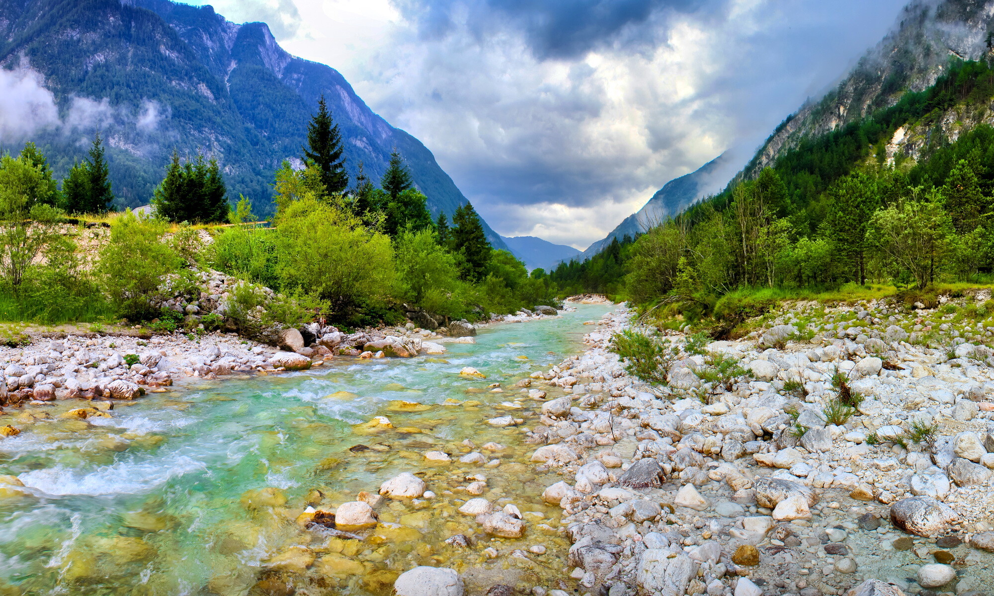 River: Nature, Mountain, Landscape, Waterway, Ecoregion, Back country. 2000x1200 HD Background.