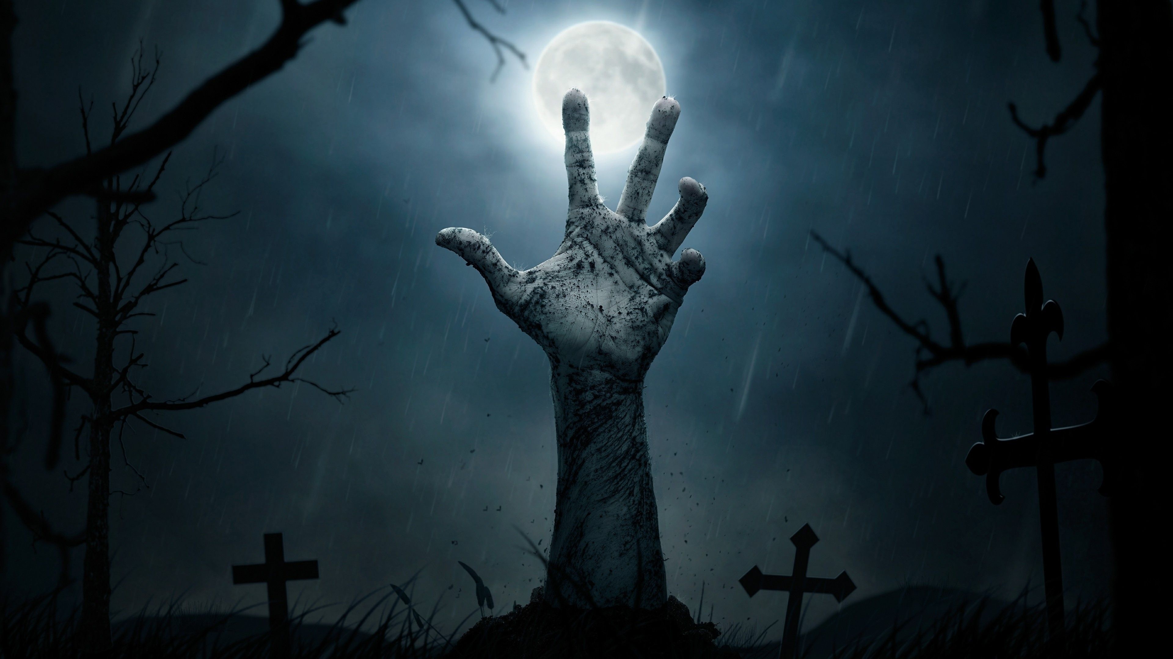 Gothic Art: Creepy atmosphere, Cemetery, Crosses, Grave, Midnight, Full moon, Zombie. 3840x2160 4K Wallpaper.