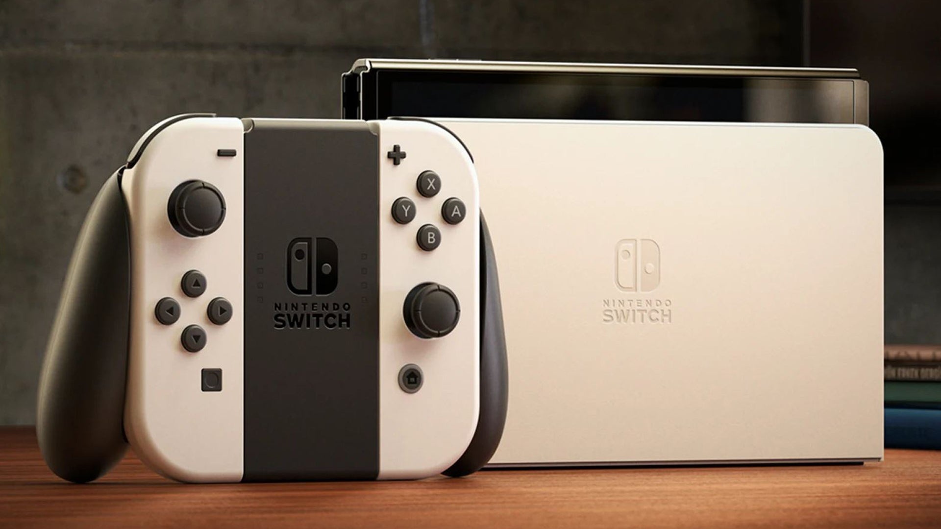 Nintendo: The Switch OLED, Wide adjustable stand, A dock with a wired LAN port. 1920x1080 Full HD Background.