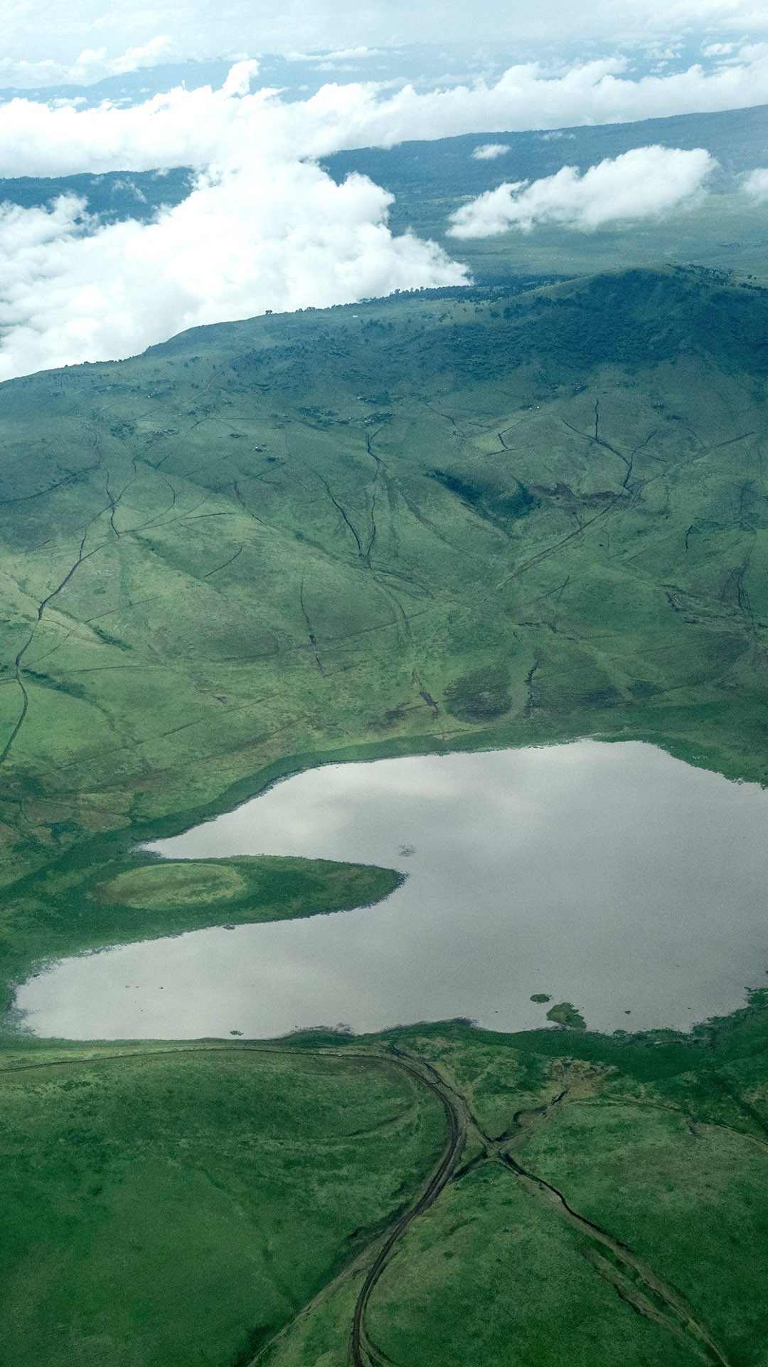 Aerial view, Ngorongoro Crater, Ngorongoro Conservation Area, Tanzania, 1080x1920 Full HD Handy