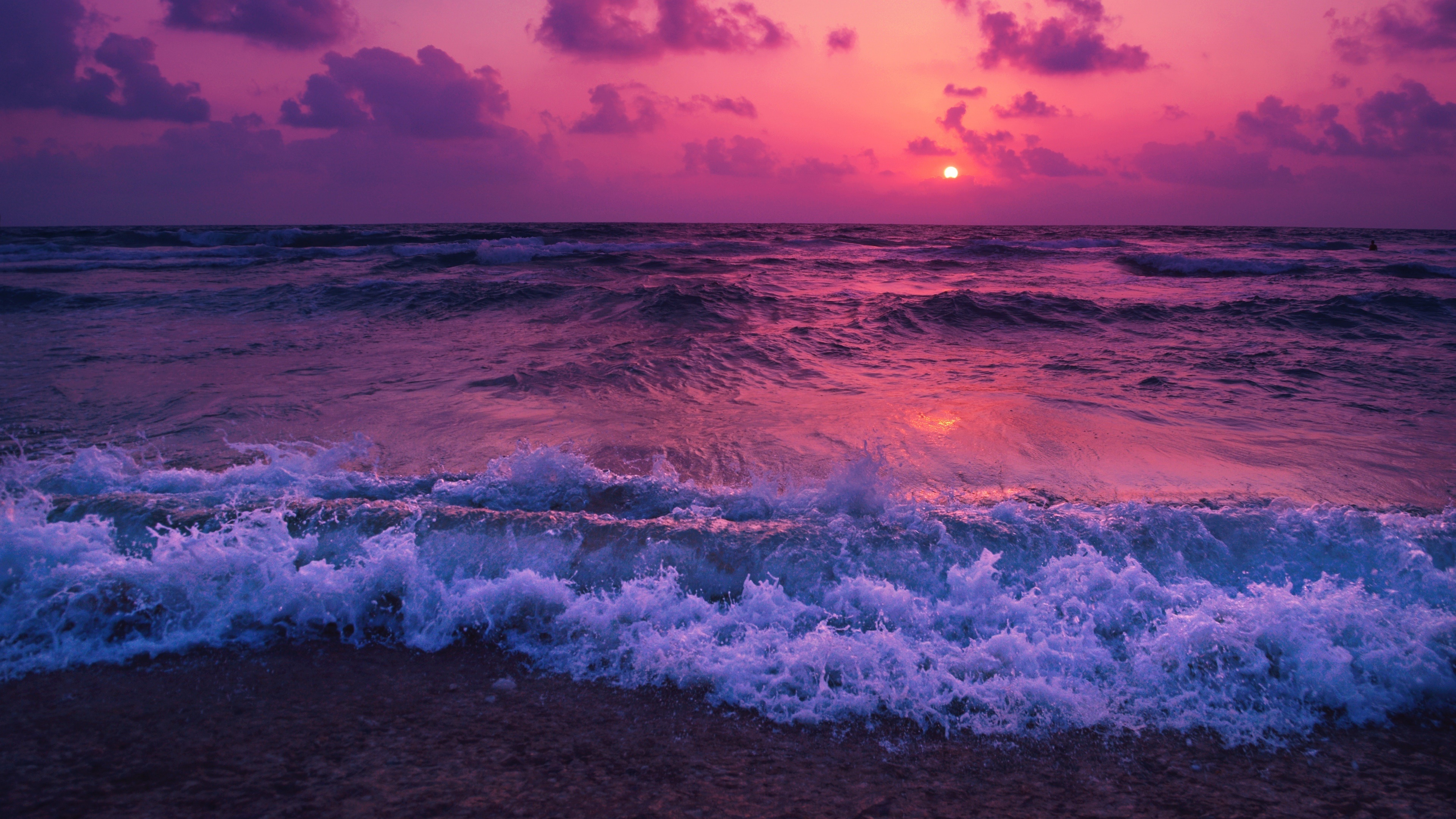 Seascape: Incredible view of the sunset from the ocean coast, Foamy waves. 3840x2160 4K Background.