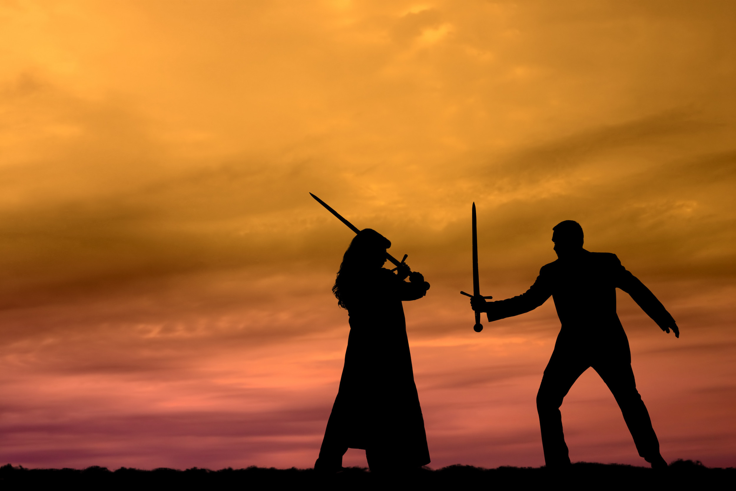 Sword Fighting: Duel of shadows, Silhouettes, Woman with a sword, Woman vs. Man fight, Medieval warriors. 2500x1670 HD Background.