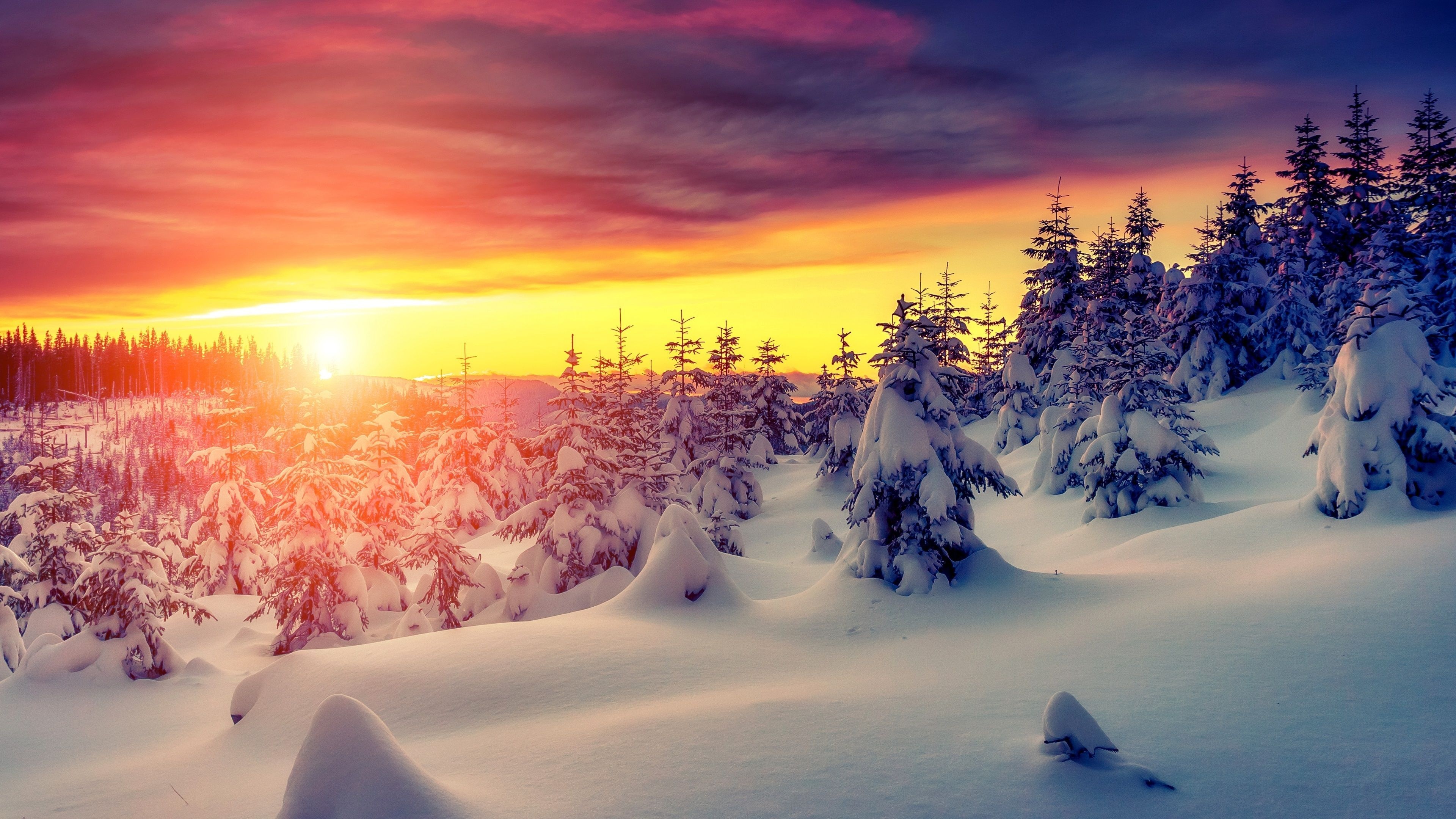 Snow, Snow Sunset, Winter Wallpapers, 3840x2160 4K Desktop