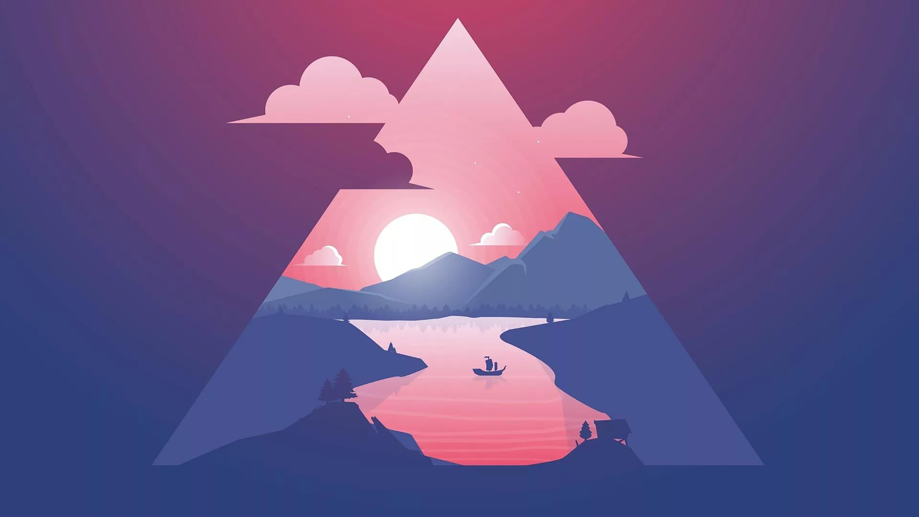 Triangle: Geometric landscape, River, Mountains, Sun. 3840x2160 4K Background.