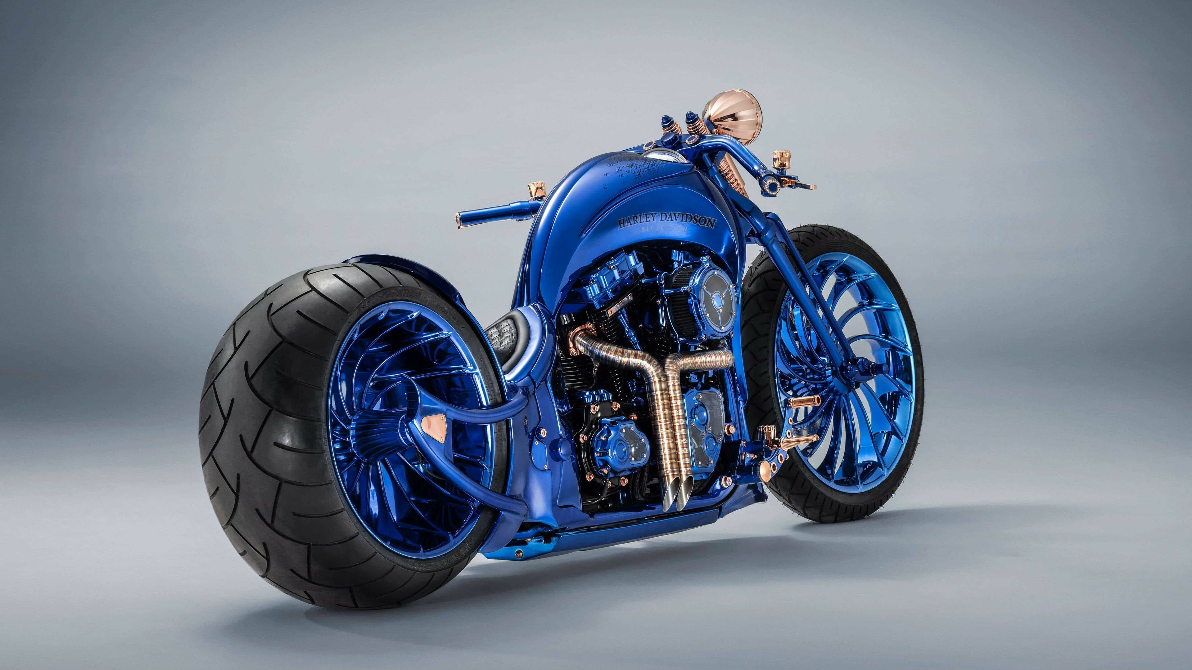 Harley-Davidson: H-D Blue Edition, Custom motorcycles, Two wheeled motor vehicle. 3840x2160 4K Wallpaper.