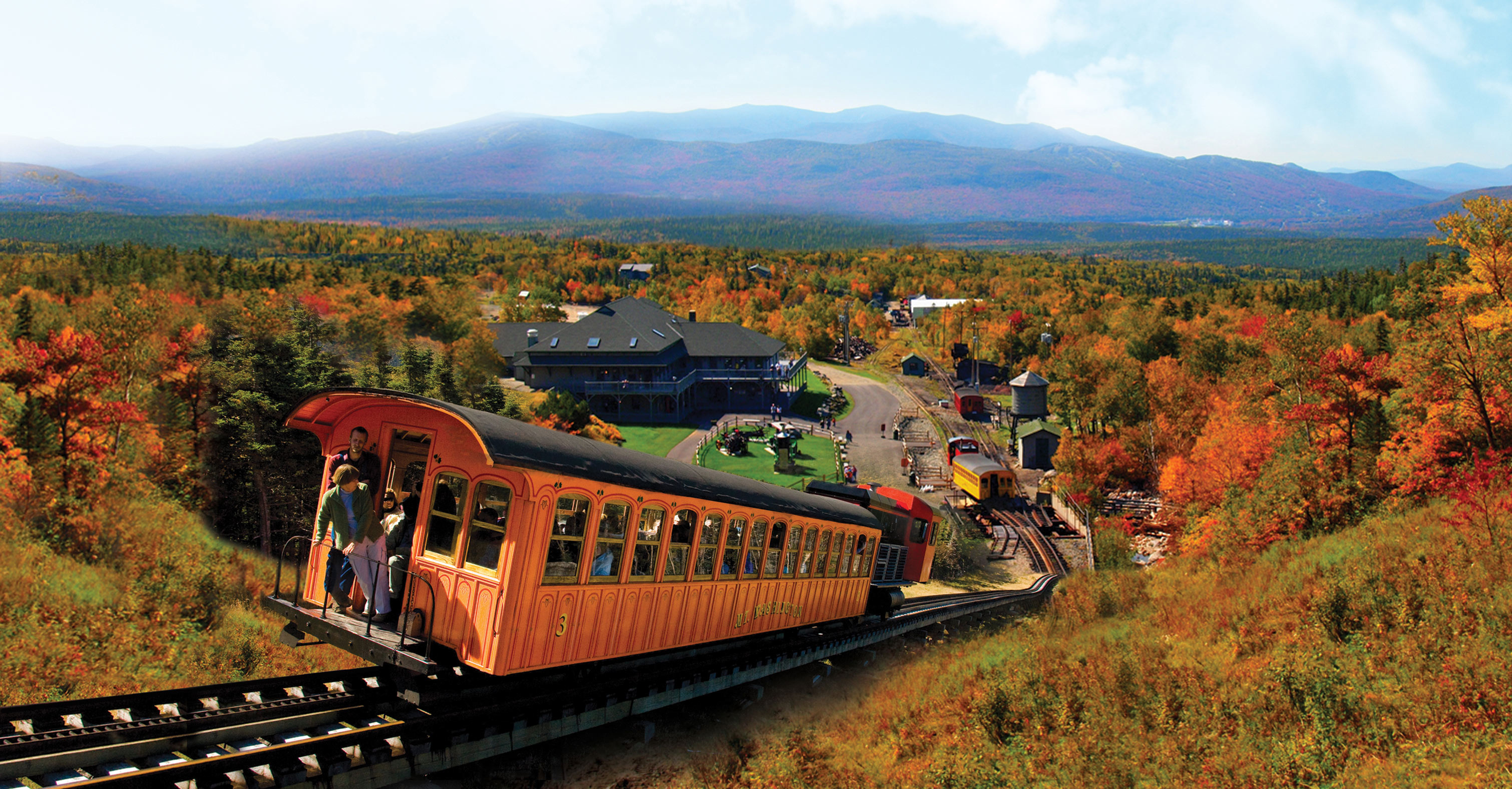 Mount Washington Cog Railway, Indian summer, Adventure travel, Spectacular views, 3020x1580 HD Desktop