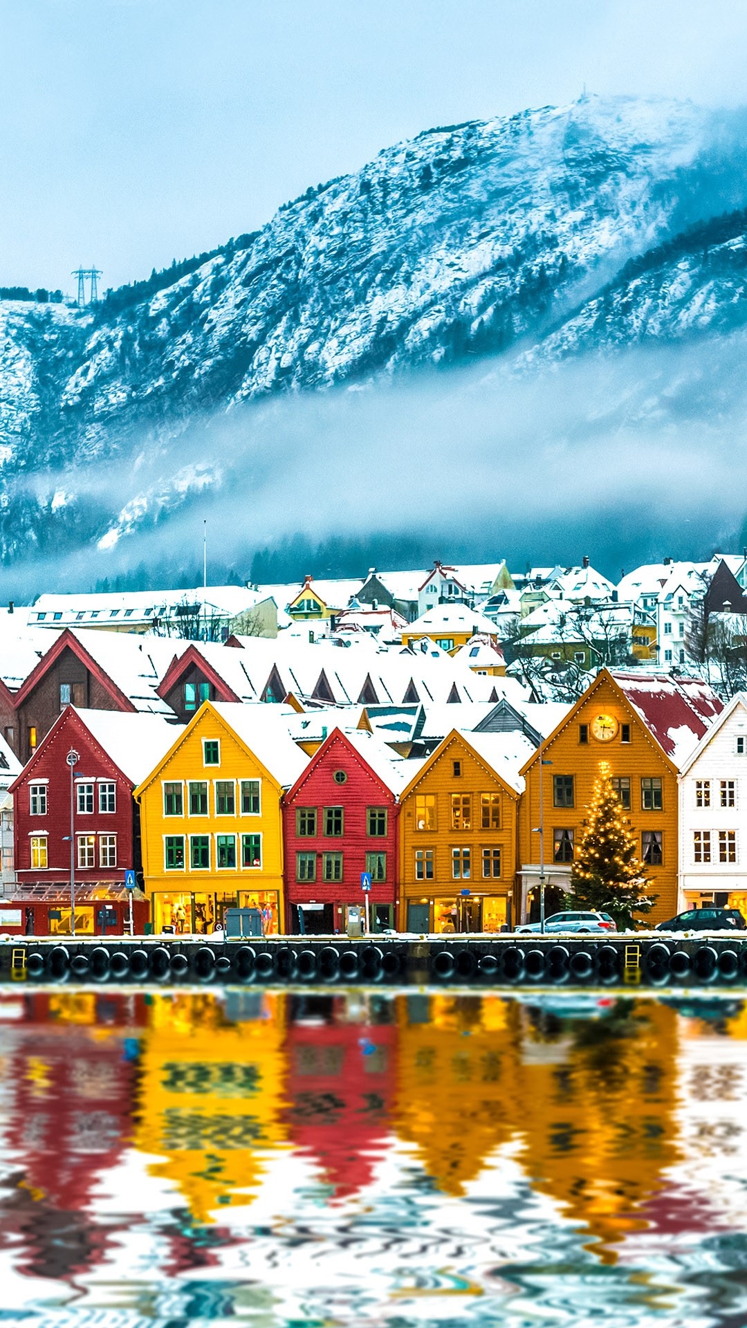 Bryggen, Winter view, Vgen harbor, Bergen cityscape, 1080x1920 Full HD Phone